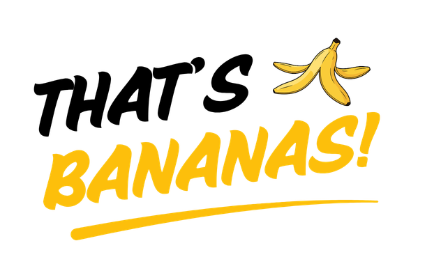 Illustration of three bananas hanging above the word "BANANAS!" in bold yellow text with a swoosh underneath.