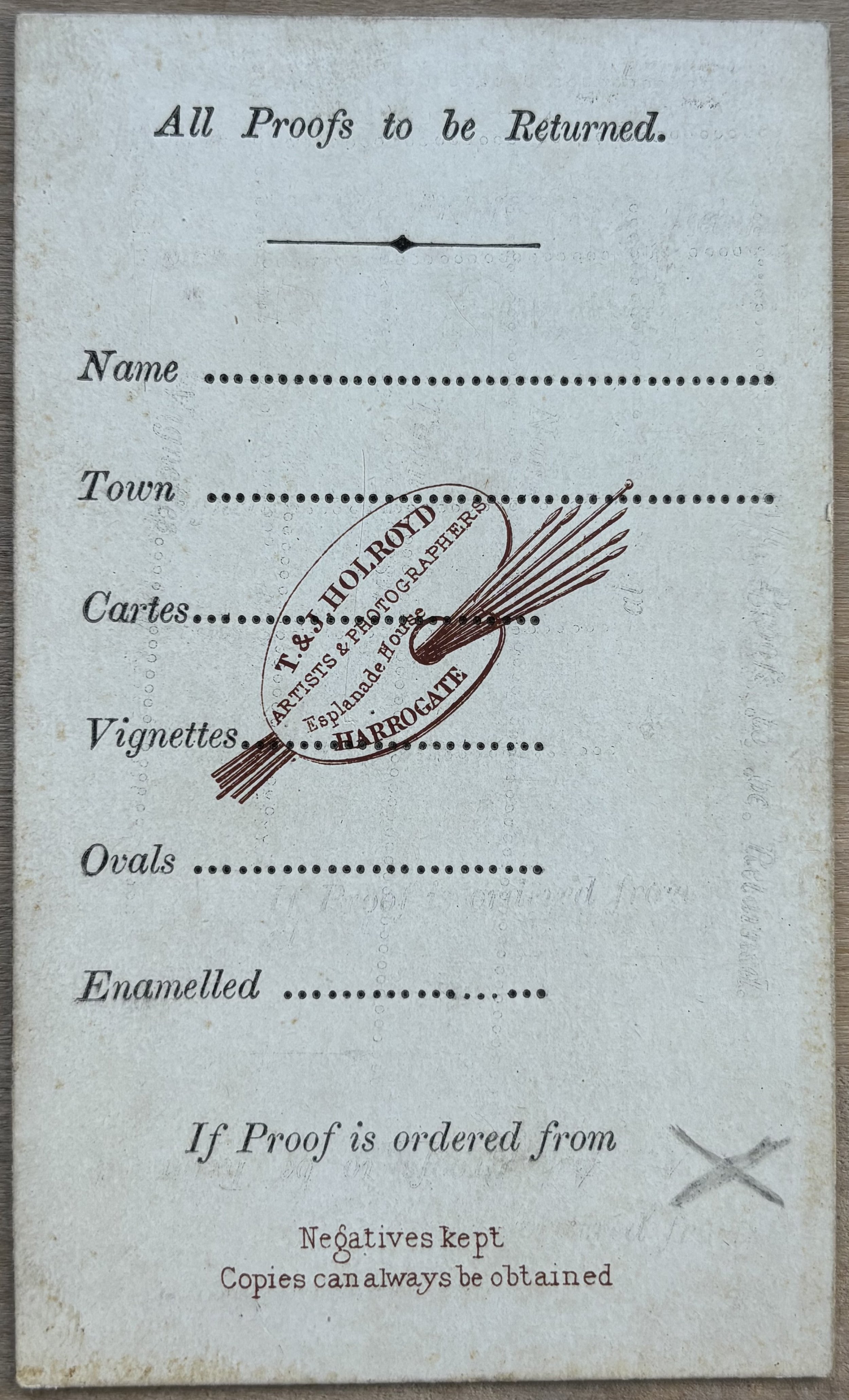 back of carte de visite by T & J Holroyd photographers from Harrogate