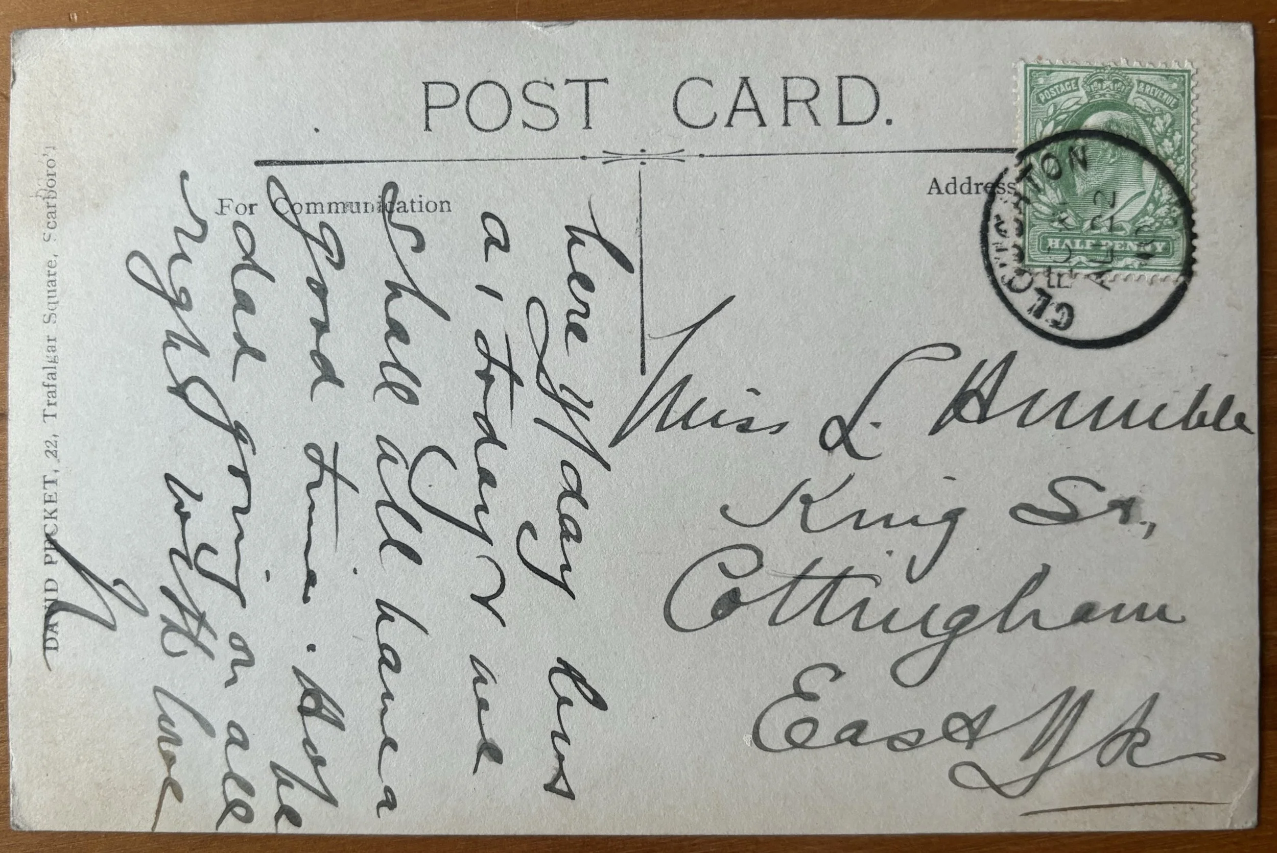 Back of used postcard by photographer David Pecket of Scarborough, posted 1910