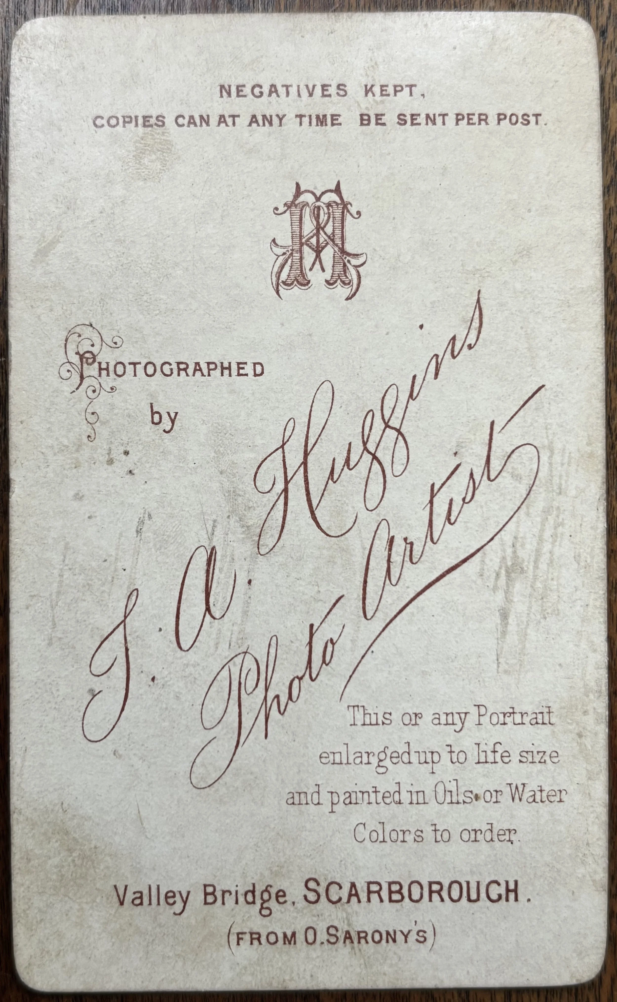 Back of carte de visite photograph by Thomas A Huggins