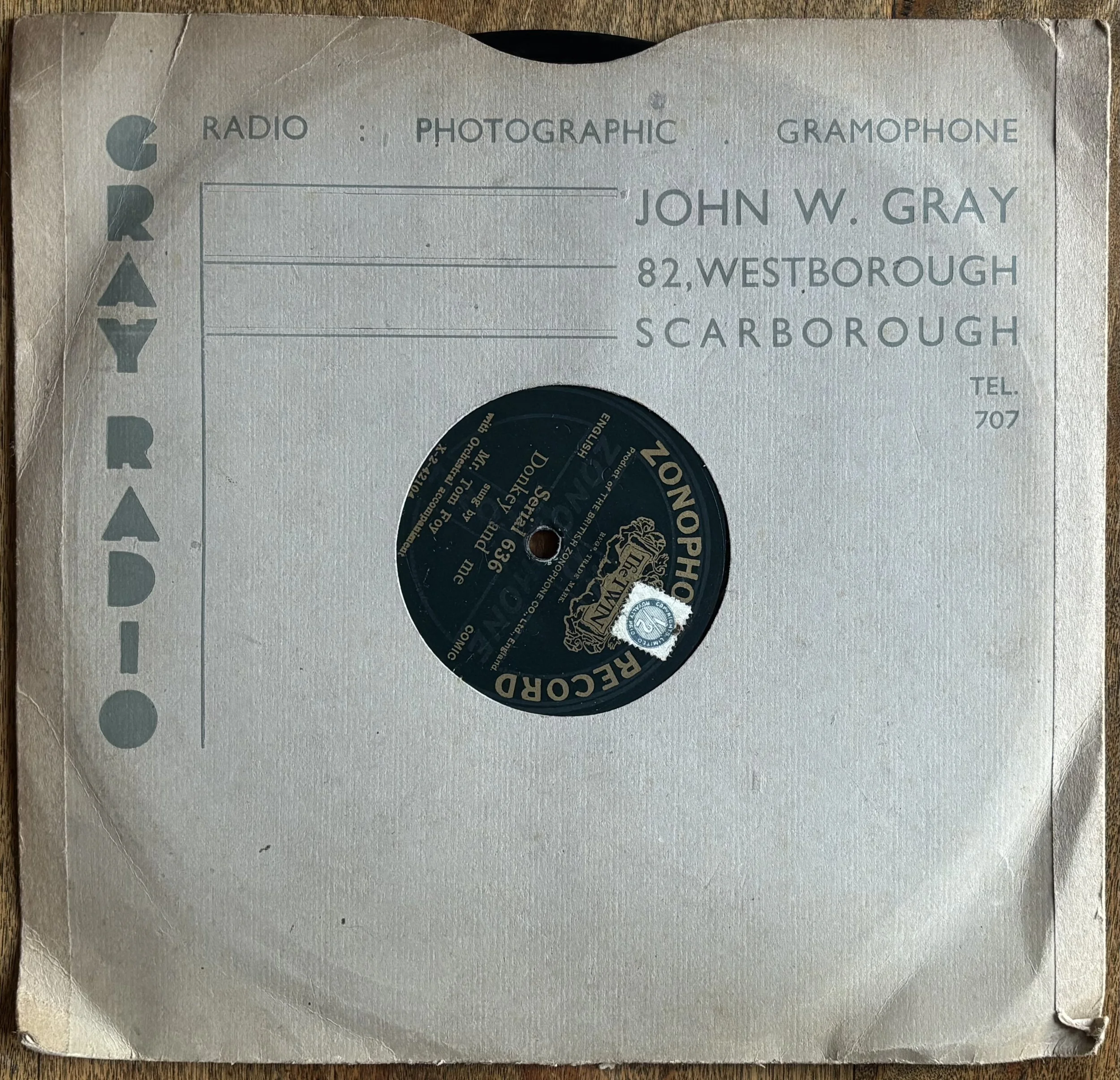 Zonophonic Record of Mr Tom Foy, sold by John W Gray Scarborough Photographer 1911