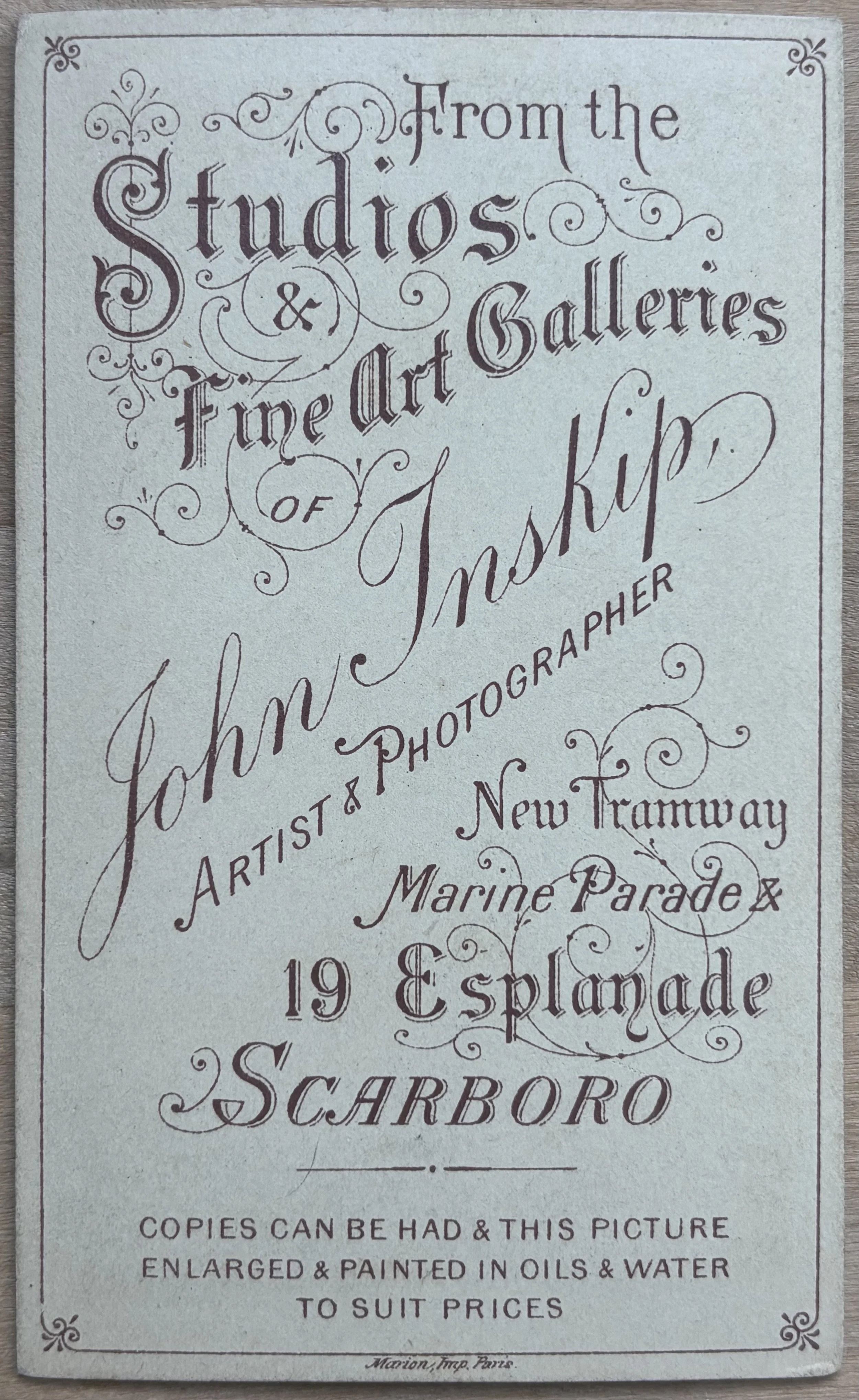 back of carte de visite by Scarborough photographer John Inskip