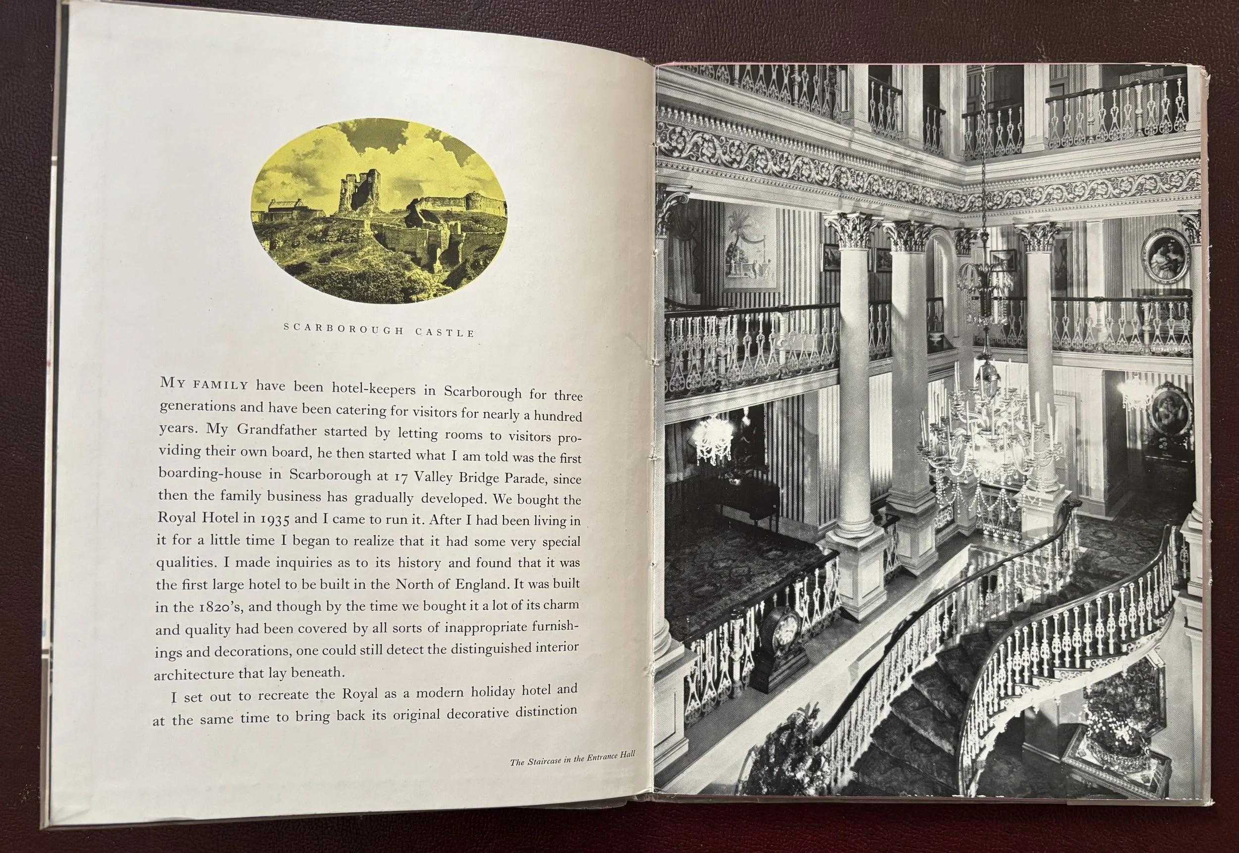 pages from a booklet about the Royal Hotel Scarborough with photographs by Harry Bennett of Scarborough Castle  and the hotels main staircase