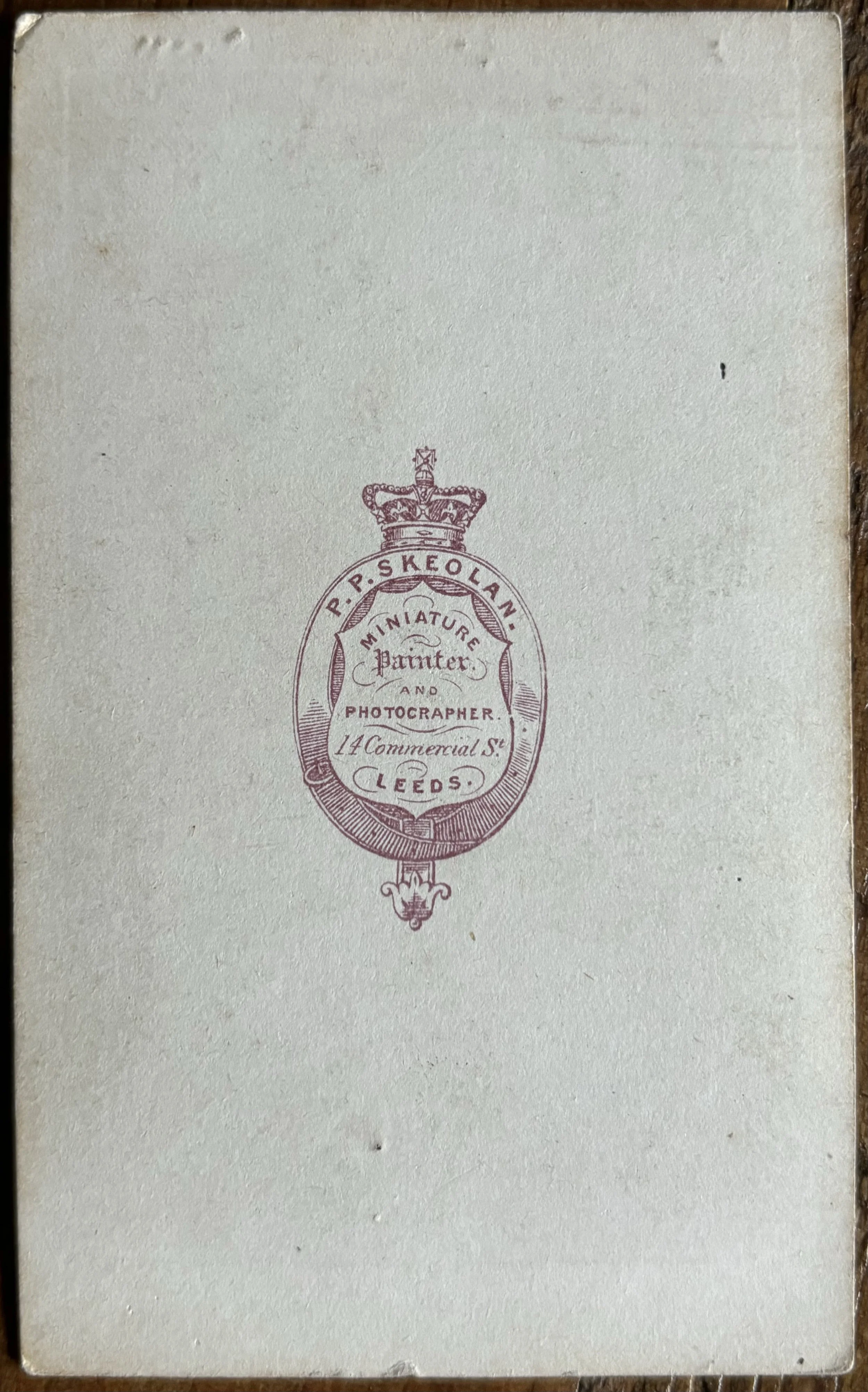 Back of a Carte de Visite photograph by Peter Paul Skeolan, Leeds Studio