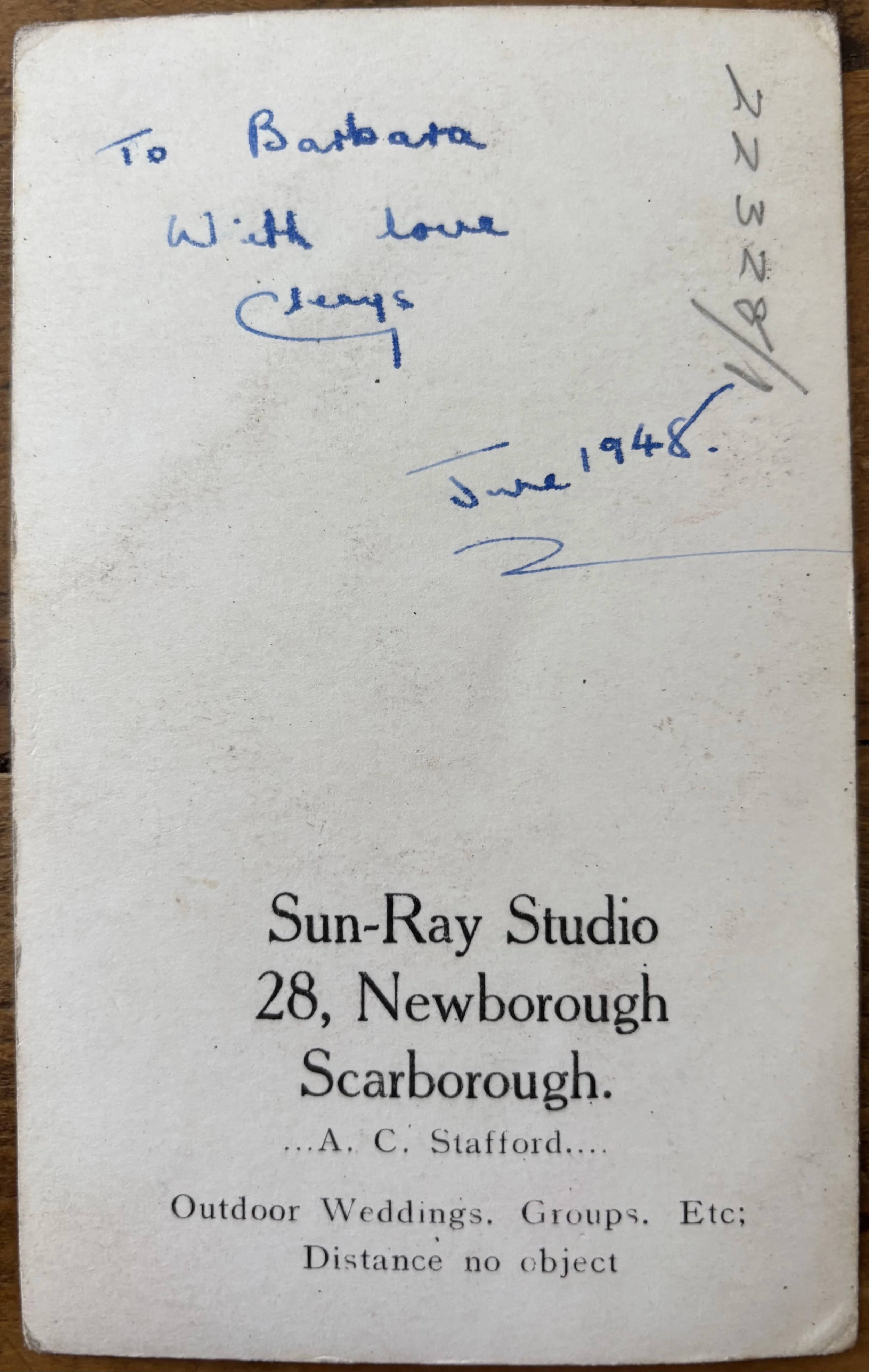 Back of photograph by Sun Ray Studio Scarborough, A. C. Stafford phototographer