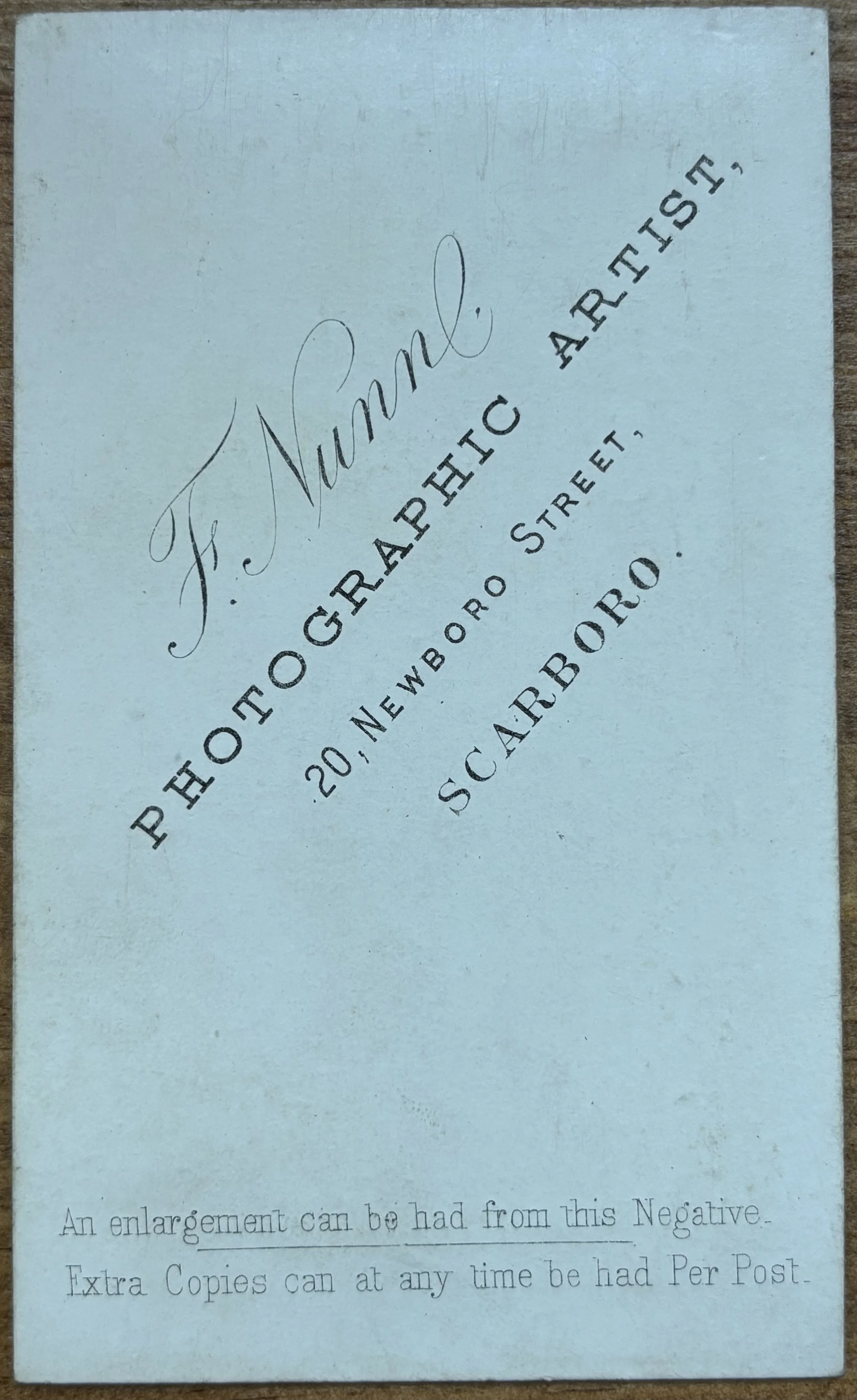 back of carte de visite portrait by Frederick Nunn, Scarborough photographer
