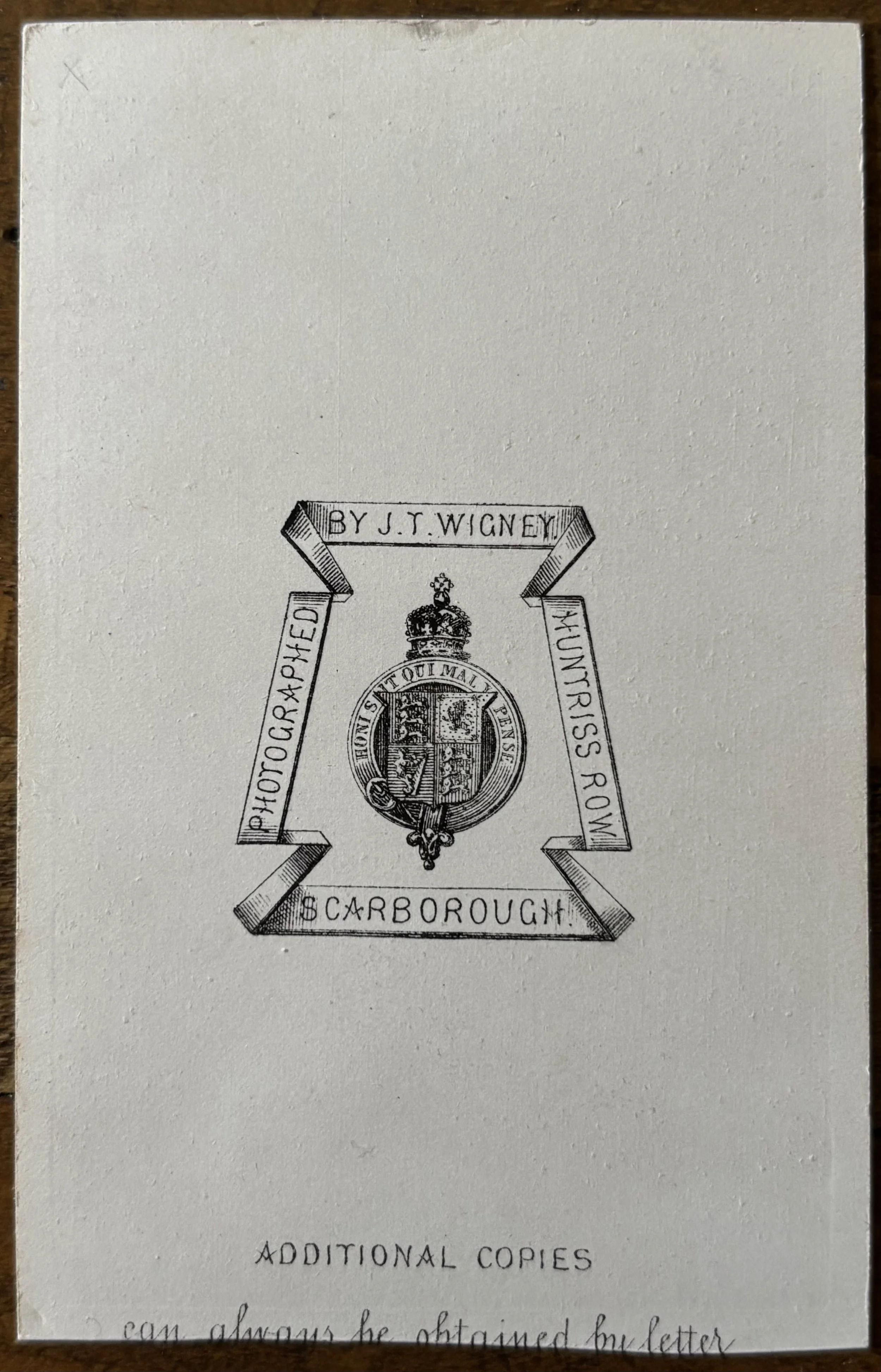 back of Carte de Visite, CDV, portrait by James Townsend Wigney, Scarborough photographer