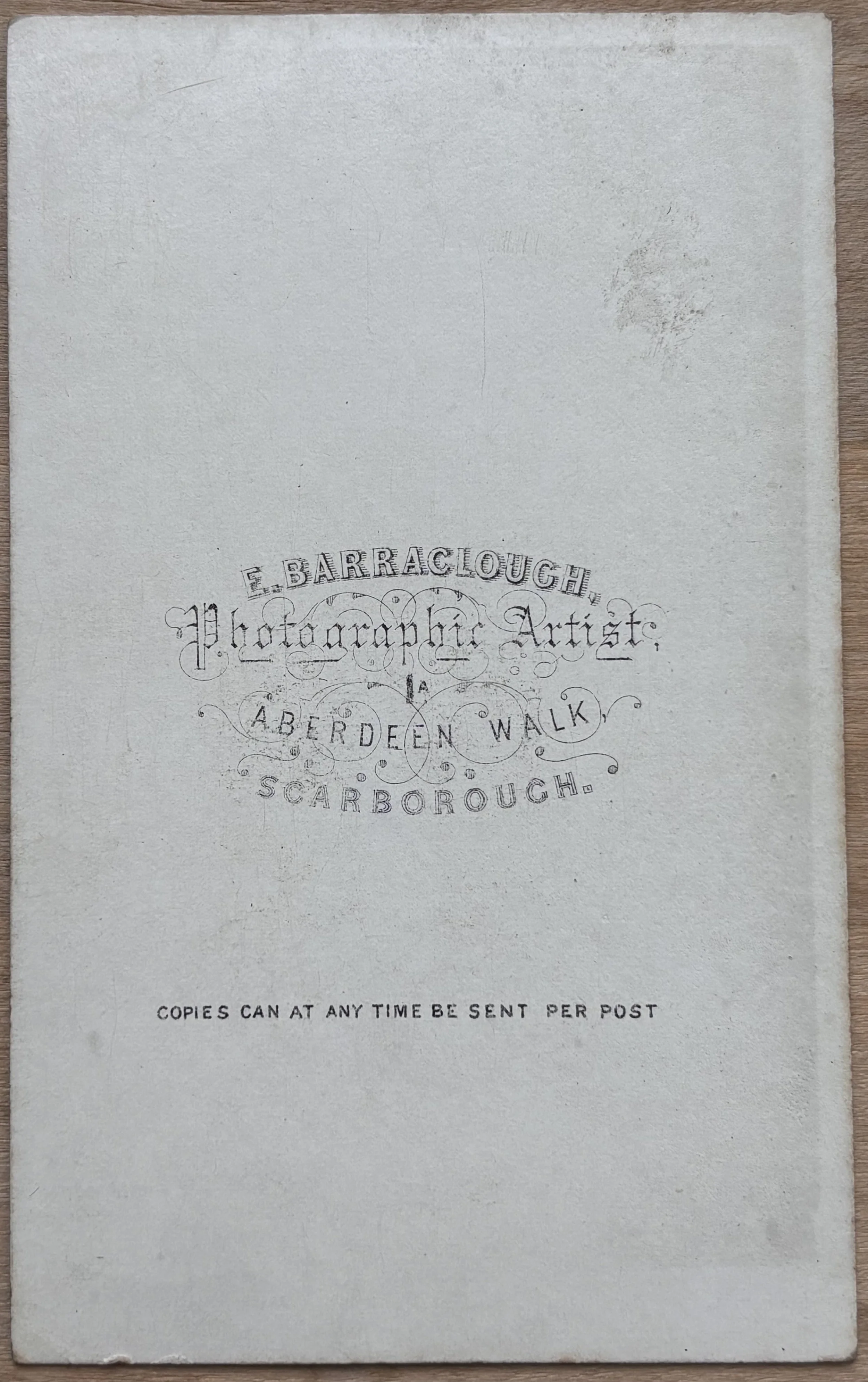 Back of a CDV portrait by Enoch Barraclough, Scarborough photographer