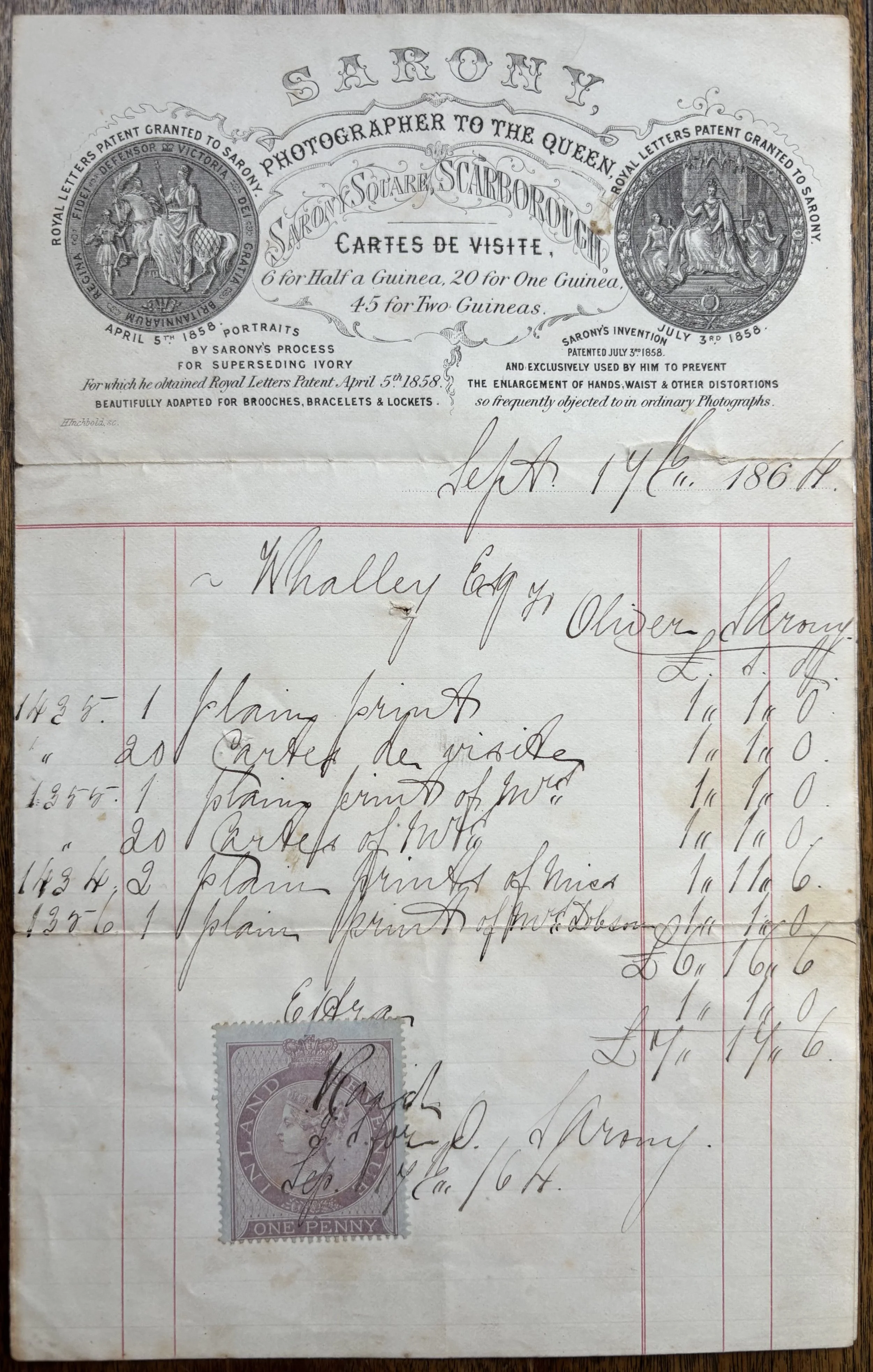 An Oliver Sarony Receipt/Invoice