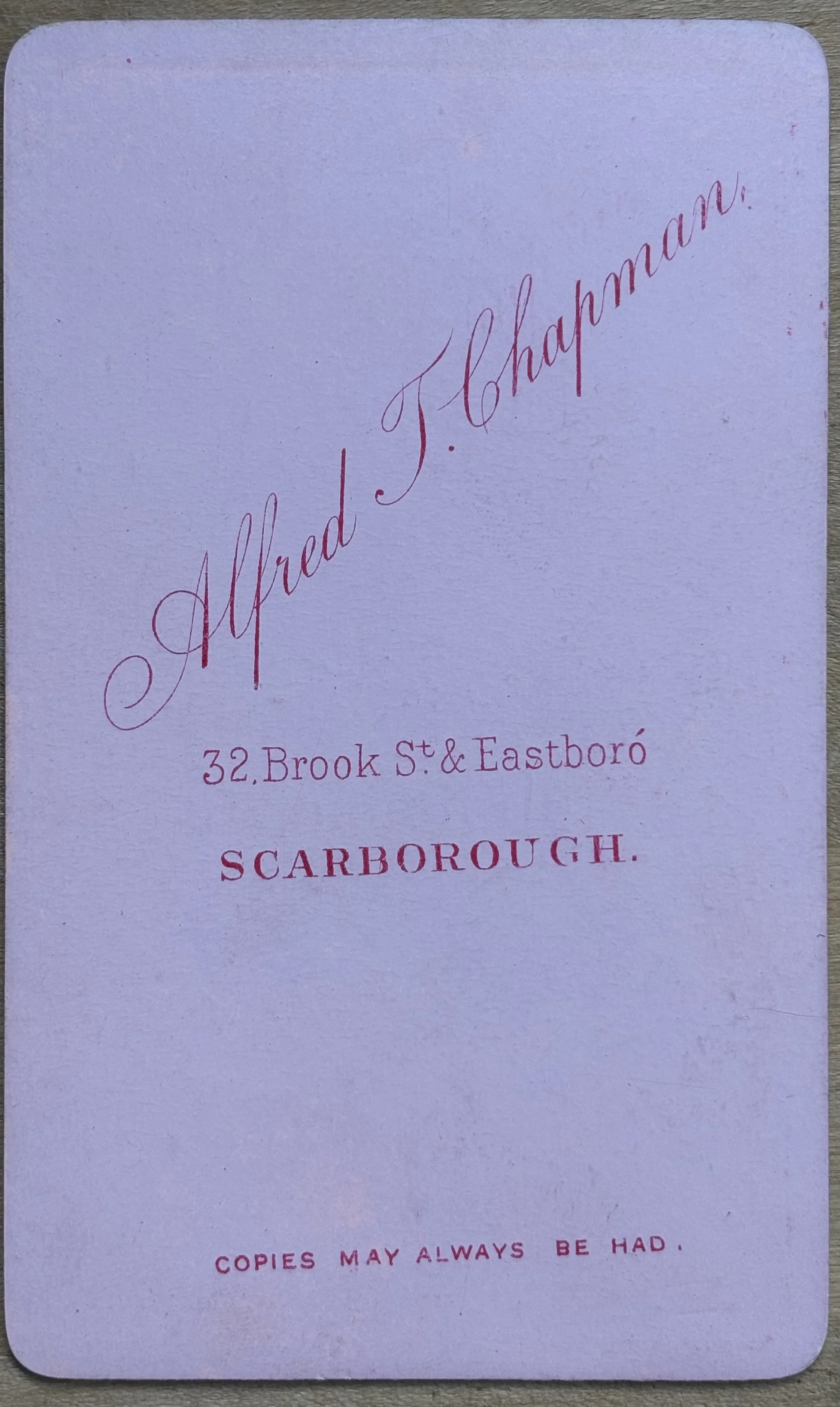 Back of carte de visite by Scarborough photographer Alfred Chapman