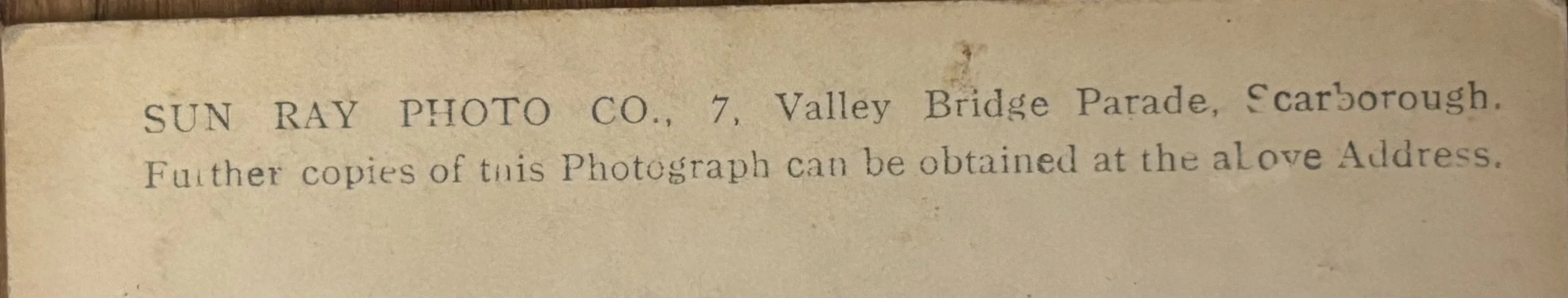 Detail of the back of a postcard by Sun Ray Photo Co, Scarborough