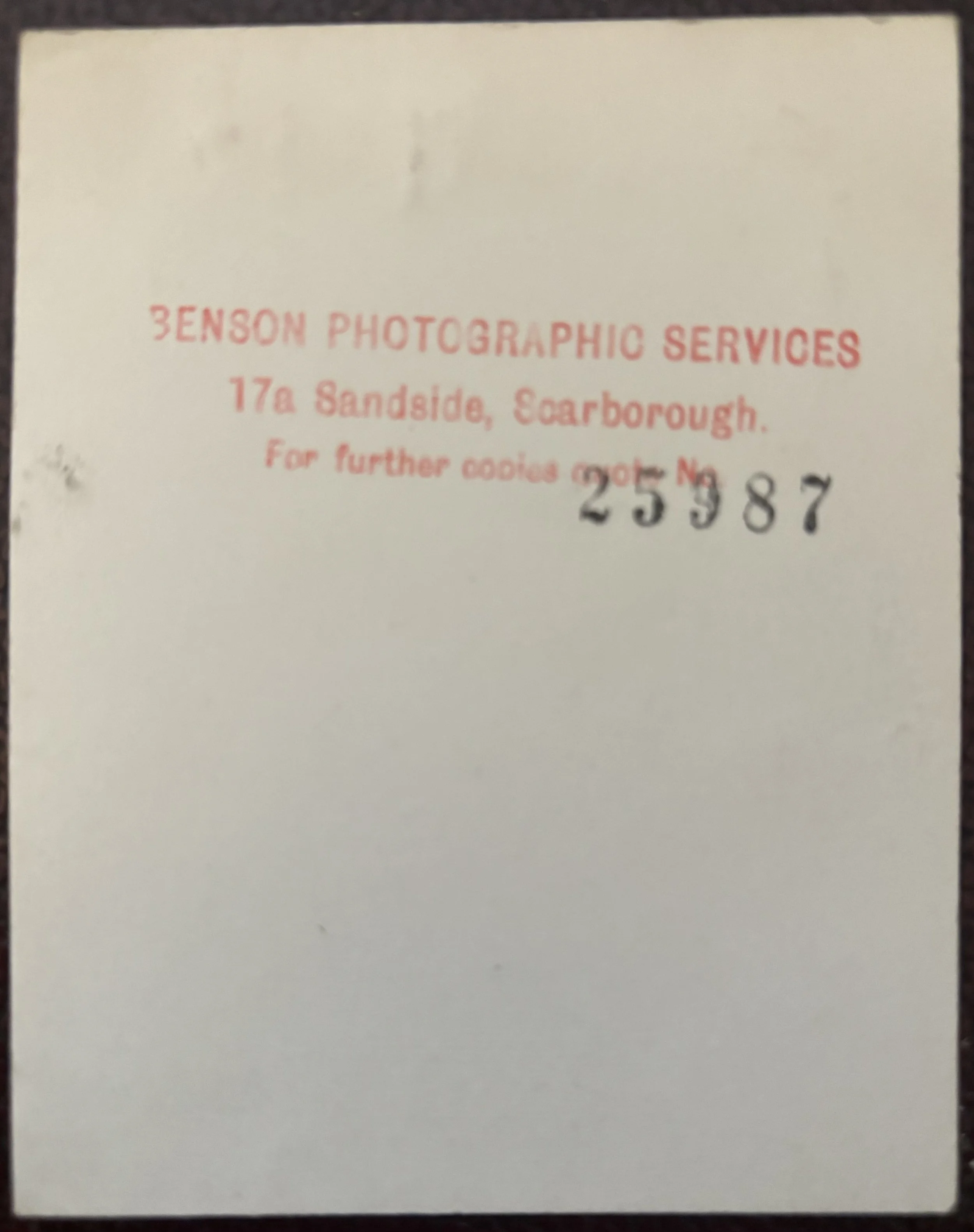 back of photographic print by Benson Photographic Services, Scarborough