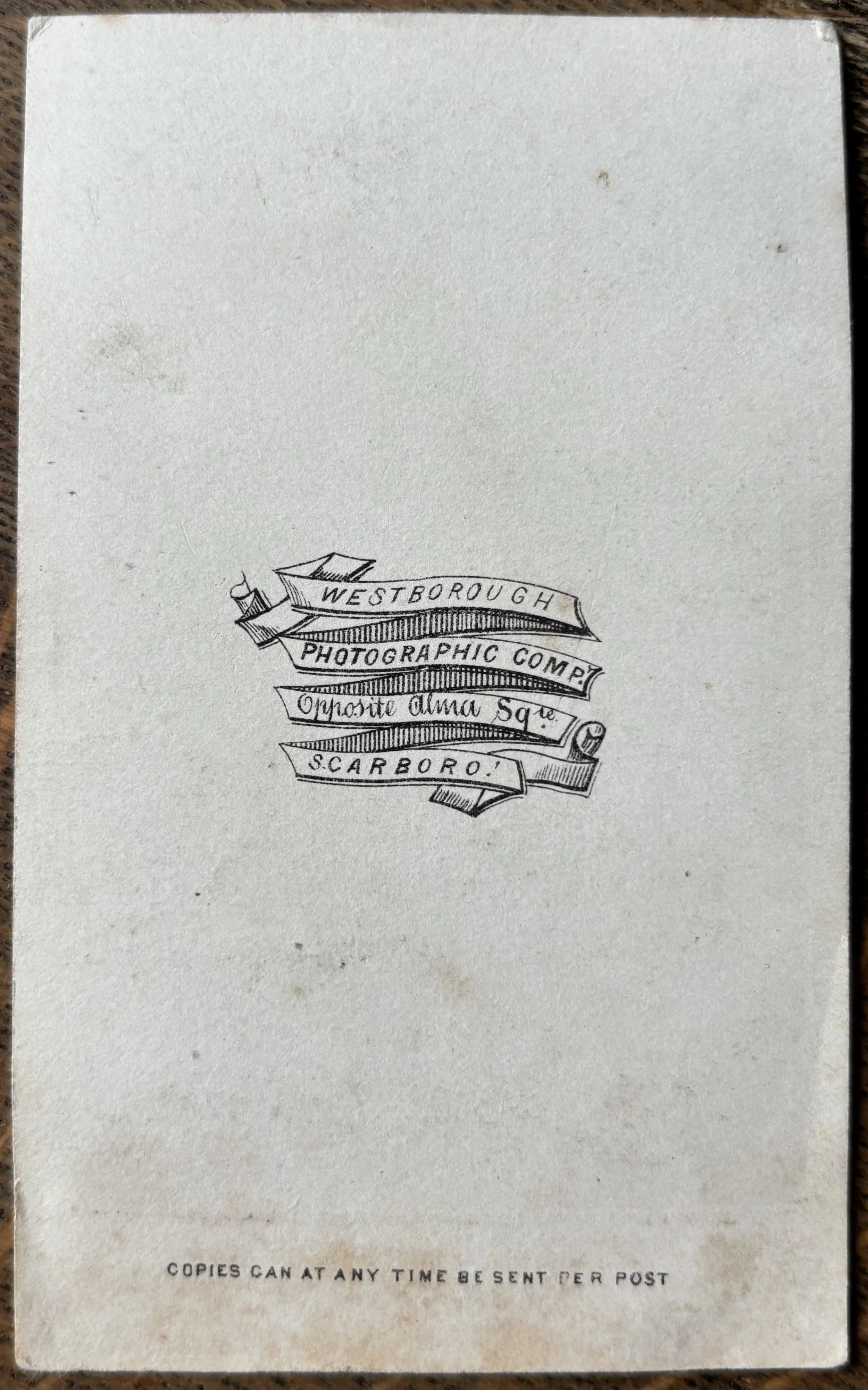 Back of carte de visite portrait by Westborough Photographic Comp. Scarborough
