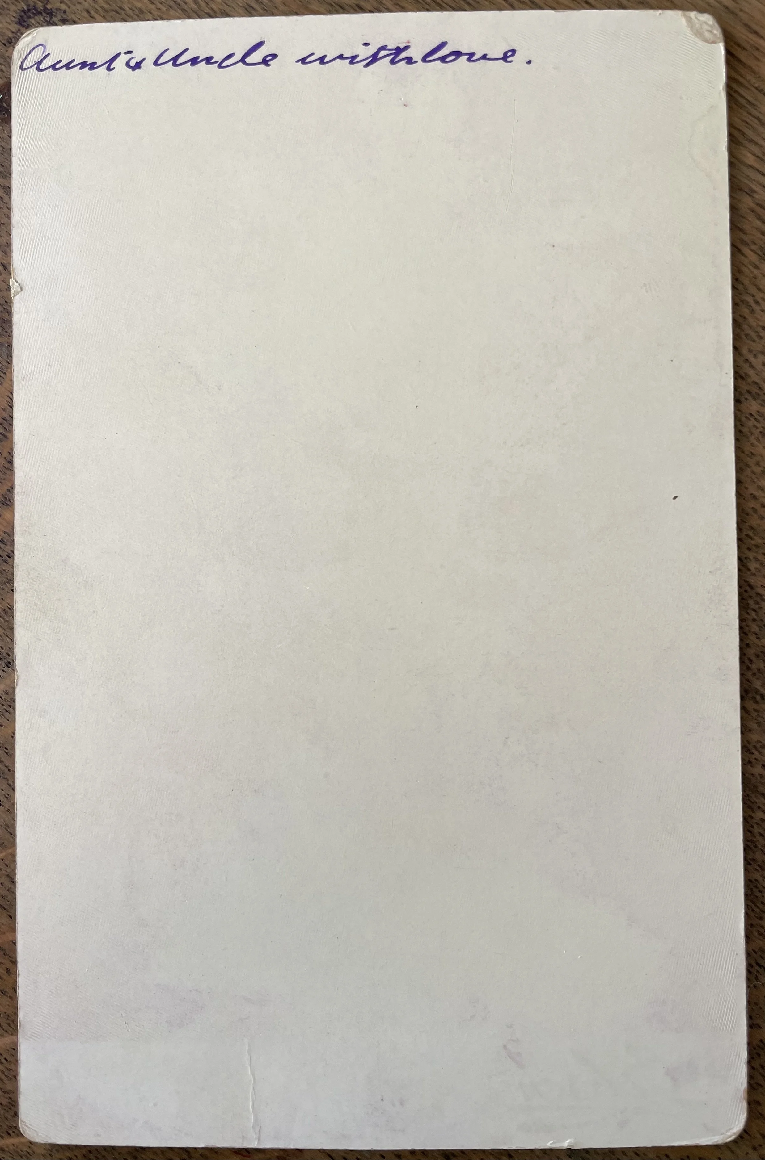 Back of Cabinet Card with greeting to Aunt and Uncle