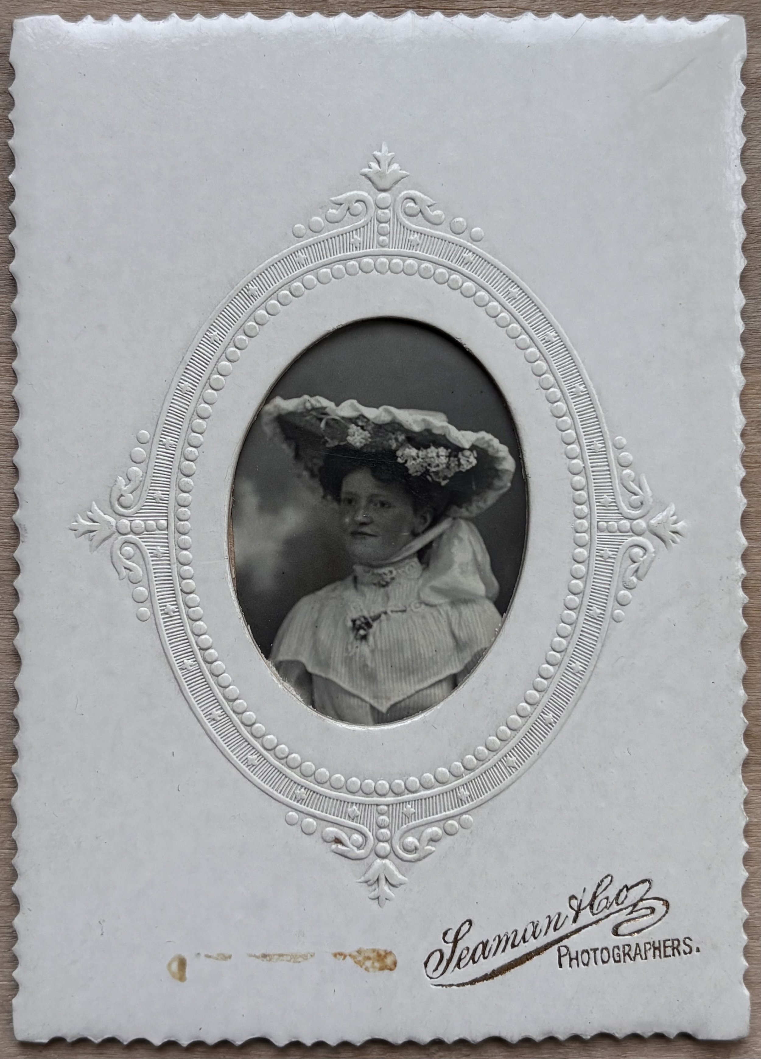 mounted portrait of an Edwardian lady in a hat, Seaman and co photographers, Scarborough