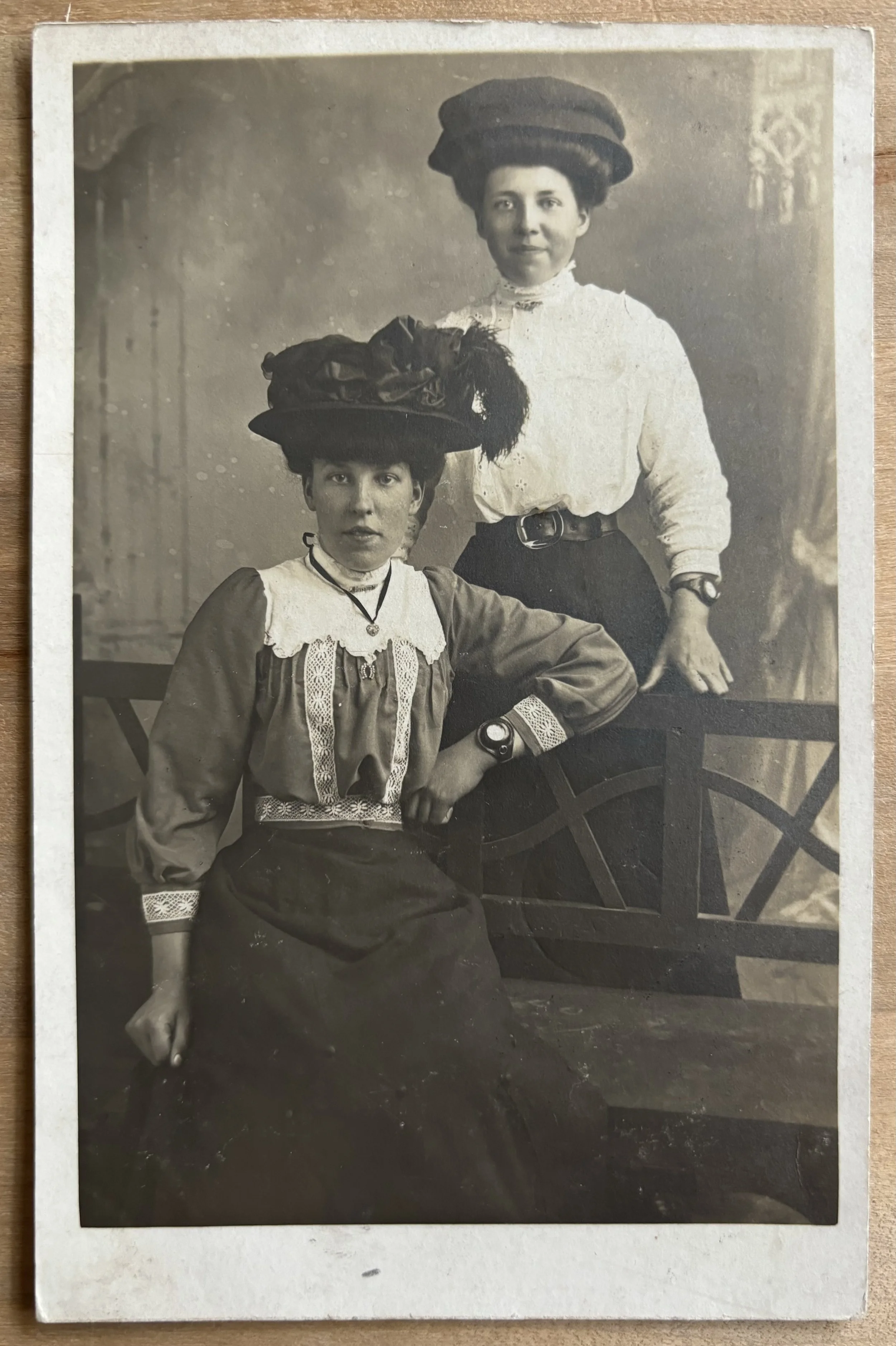 Postcard portrait of two unknown women by F J Seaman Scarborough Photographer