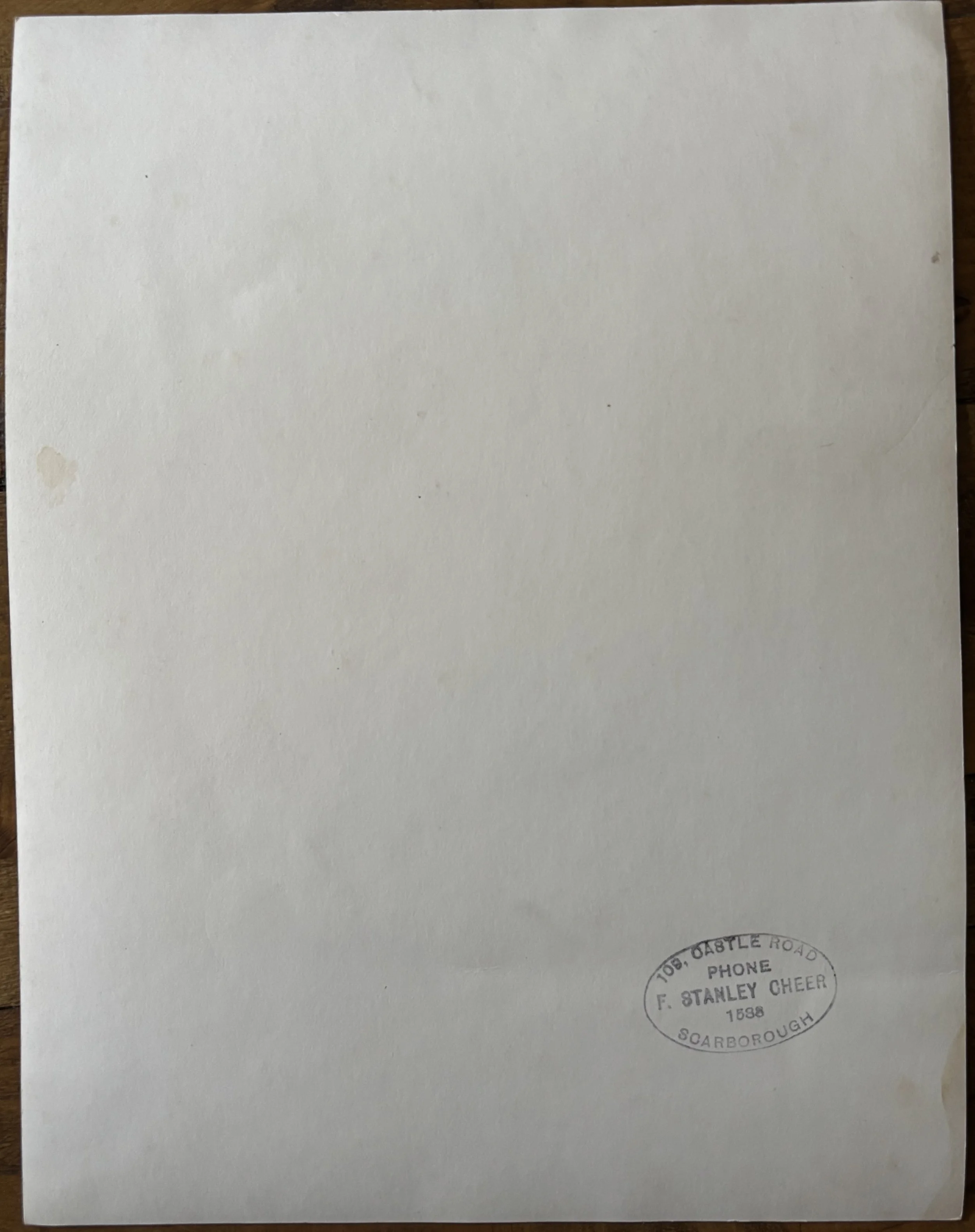 Back of photographic print by Stanley Cheer of Scarborough