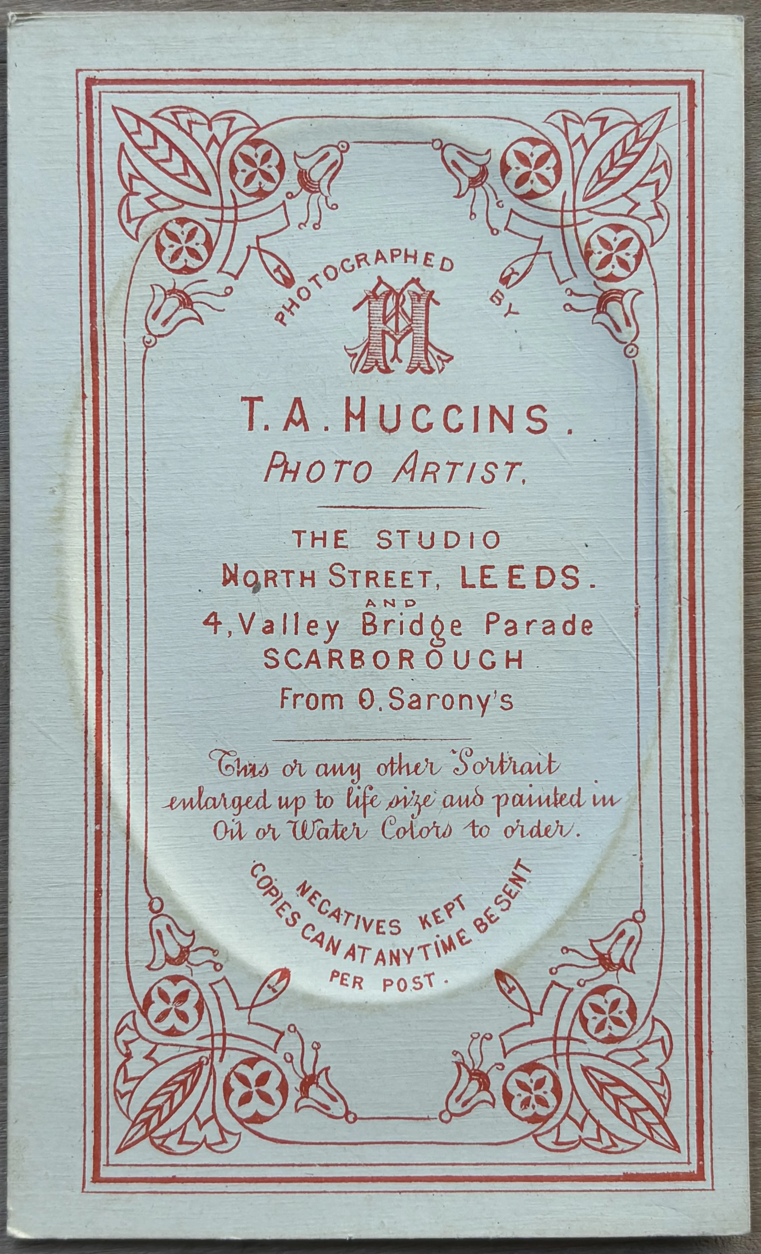 Back of Carte de Visite by Scarborough and Leeds Photographer, Thomas A Huggins