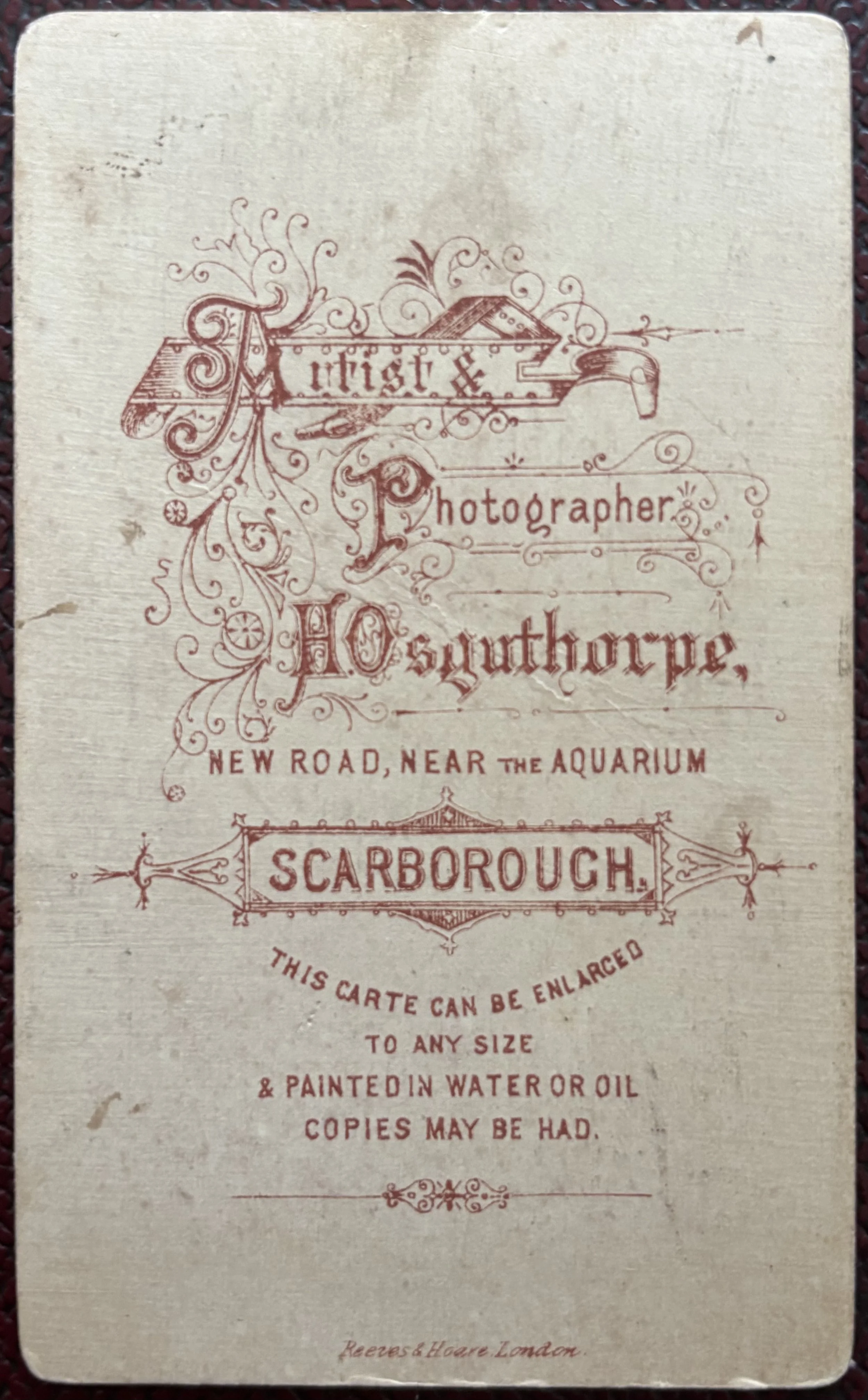 back of carte de visite portrait by Scarborough Photographer Henry Osguthorpe, printed by Reeves and Hoare, London