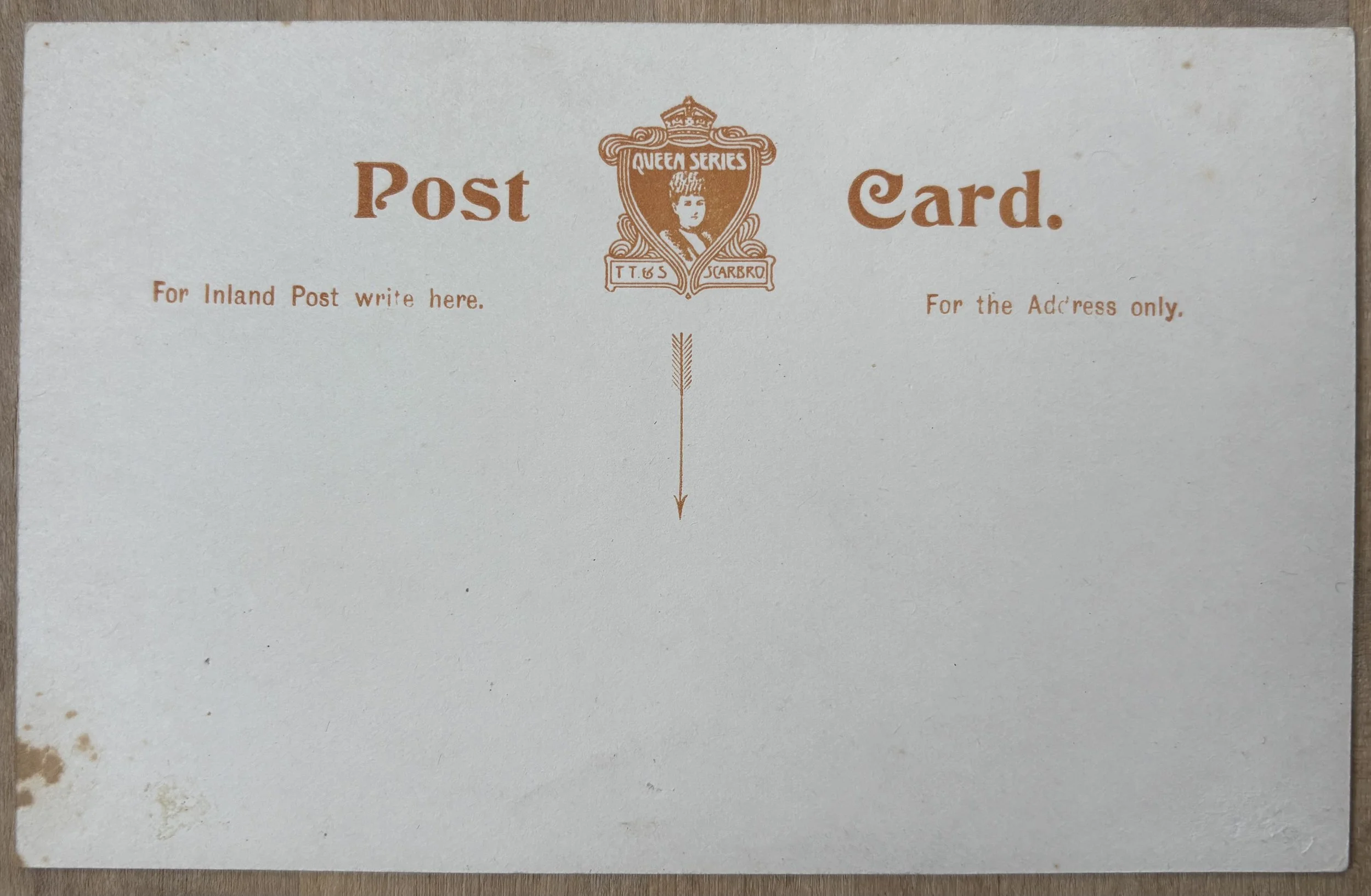 Back of unused photographic postcard by Thomas Taylor and Sons, Scarborough, Queen Series