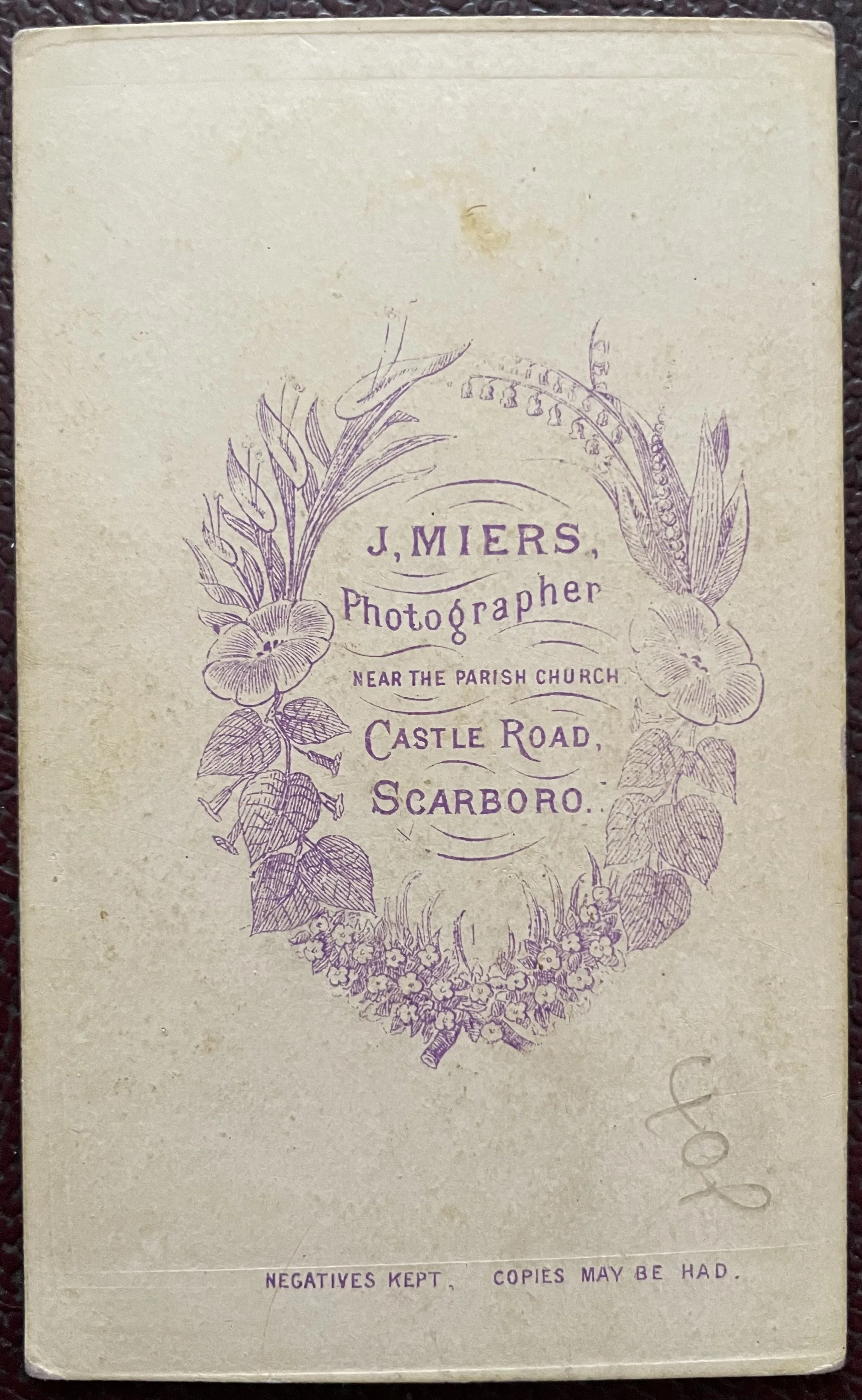 Back of carte de visite by photographer John Miers of Scarborough