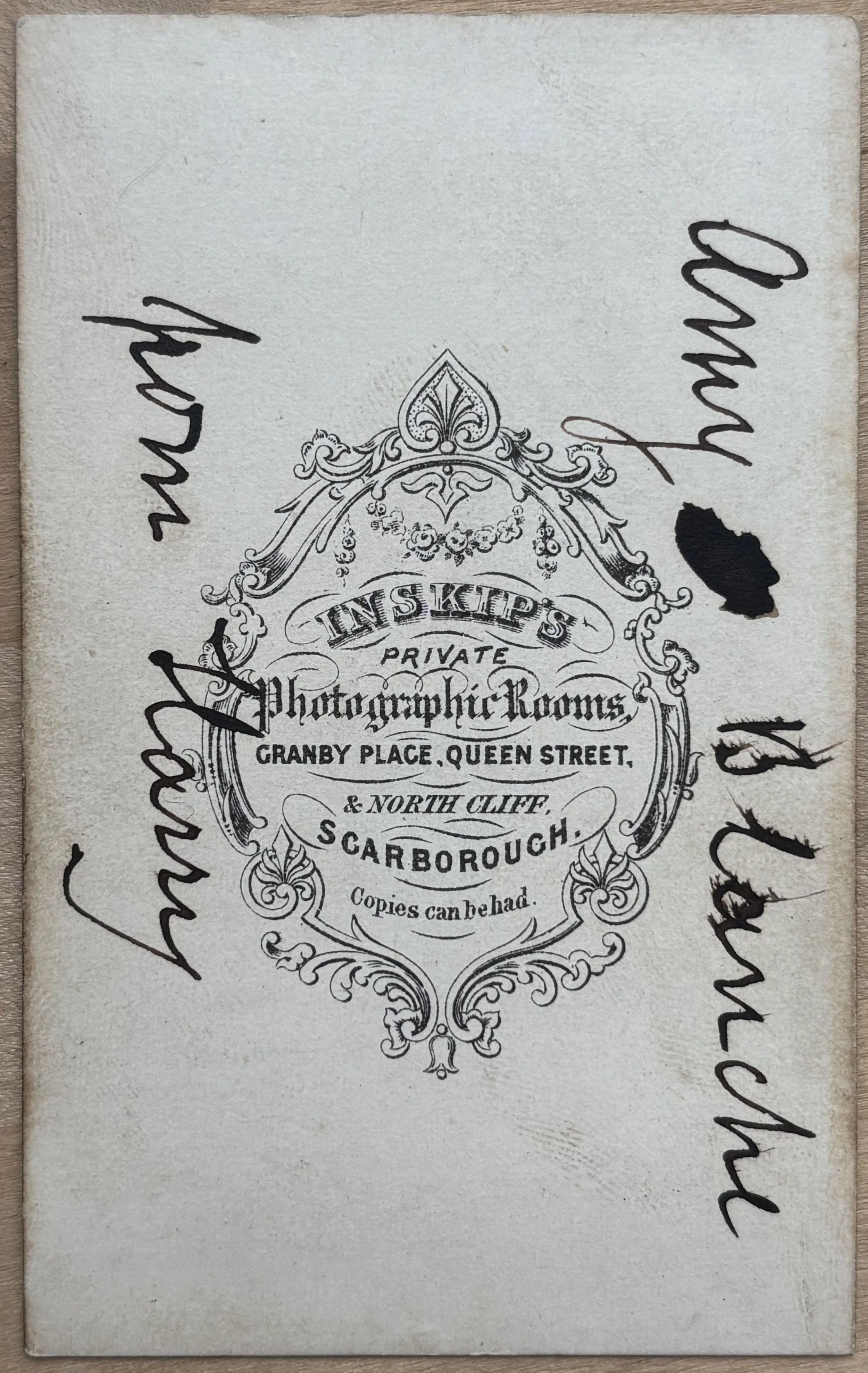 Back of Carte de visite by John Inskip Scarborough photographer