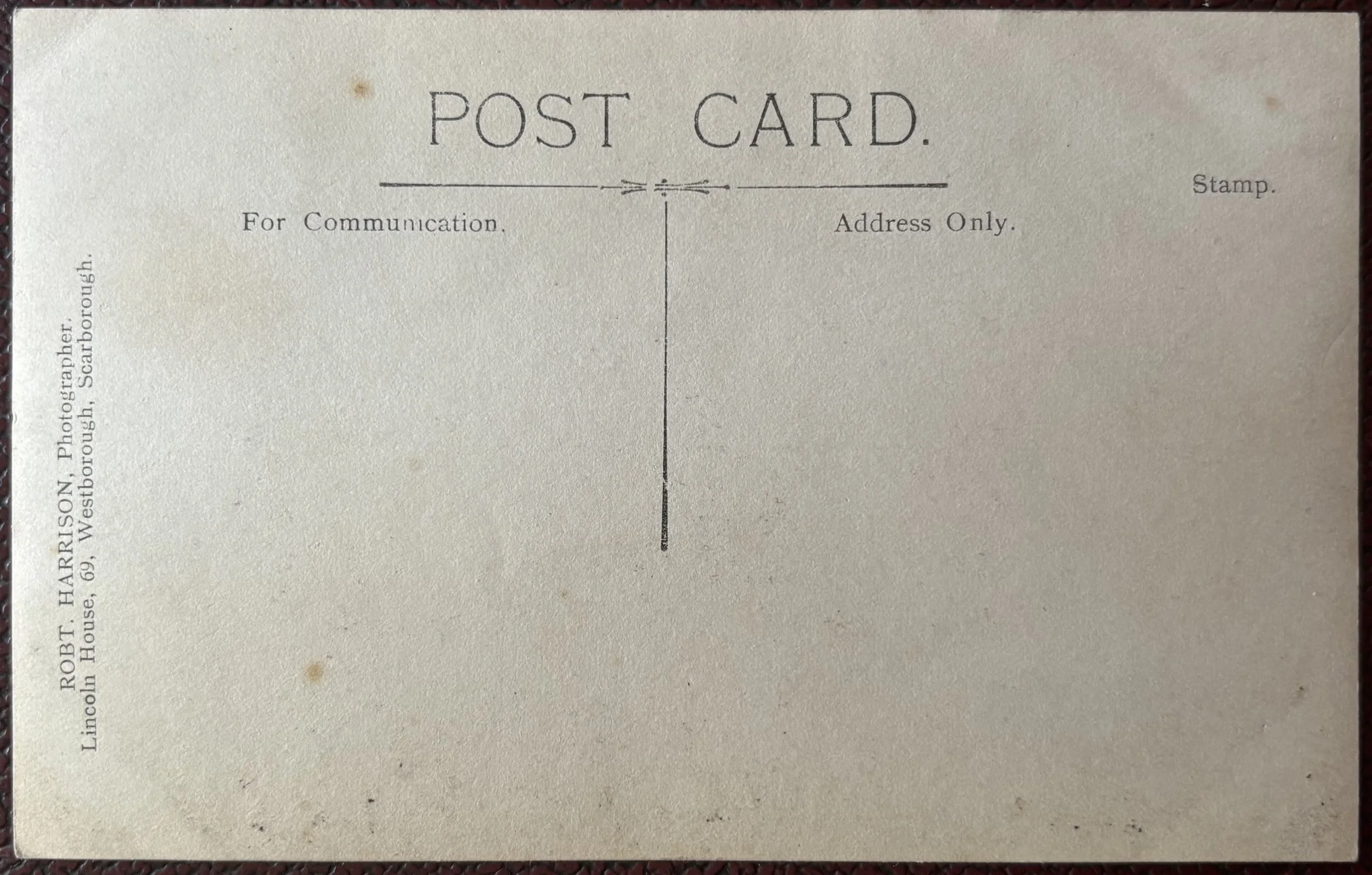 Back of a postcard portrait by Scarborough Photographer Robert Harrison