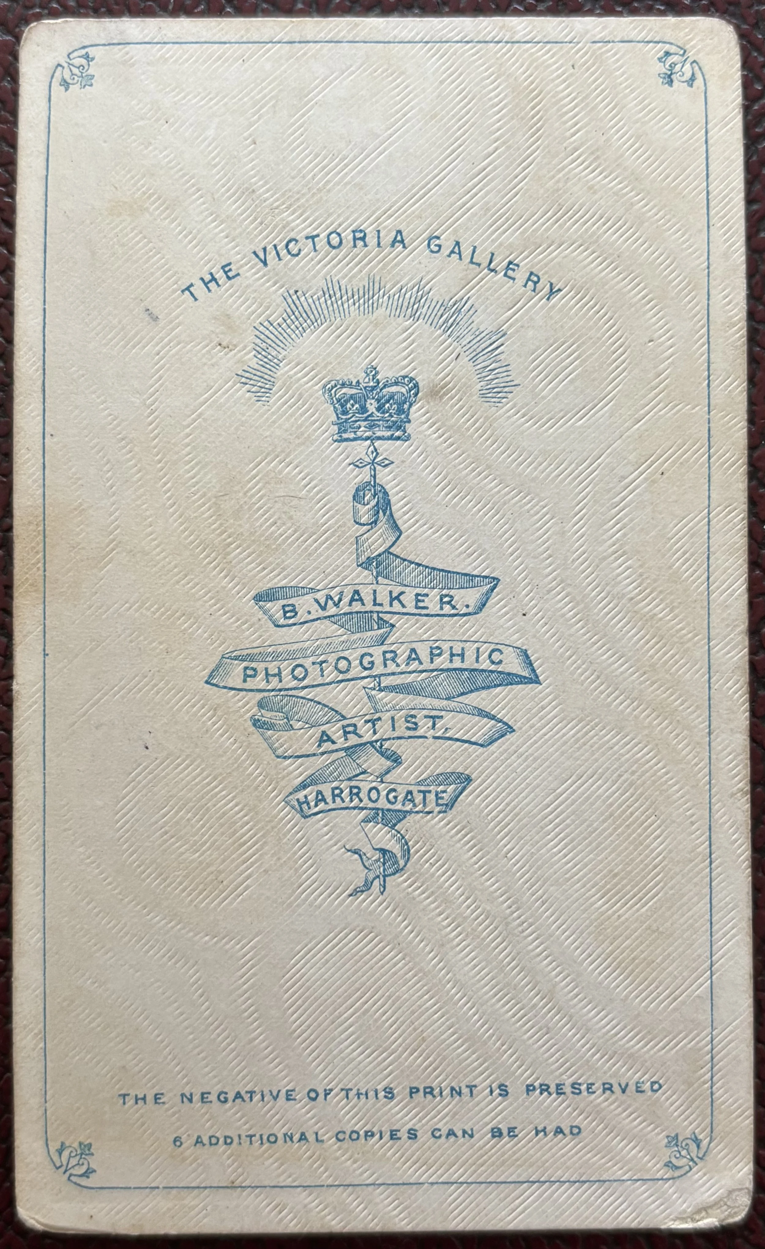 Back of a carte de viste by Harrogate photographer Benjamin Walker