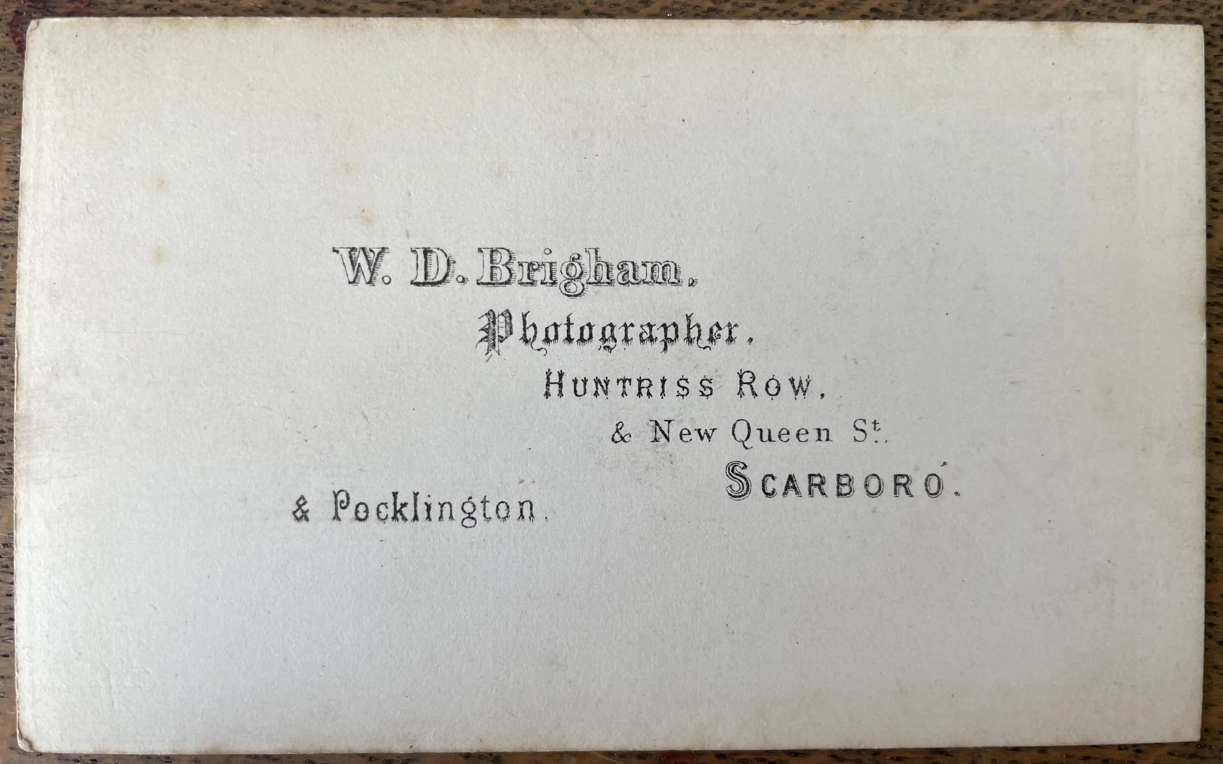 Back of Carte de Visite, Photograph William Dobson Brigham Scarborough and Pocklington