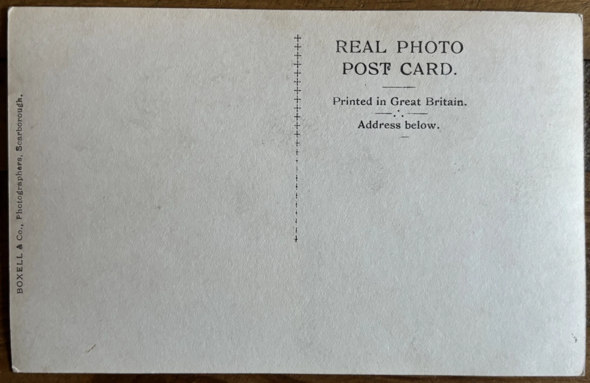 Back of photographic postcard by Boxell & Co, Scarborough