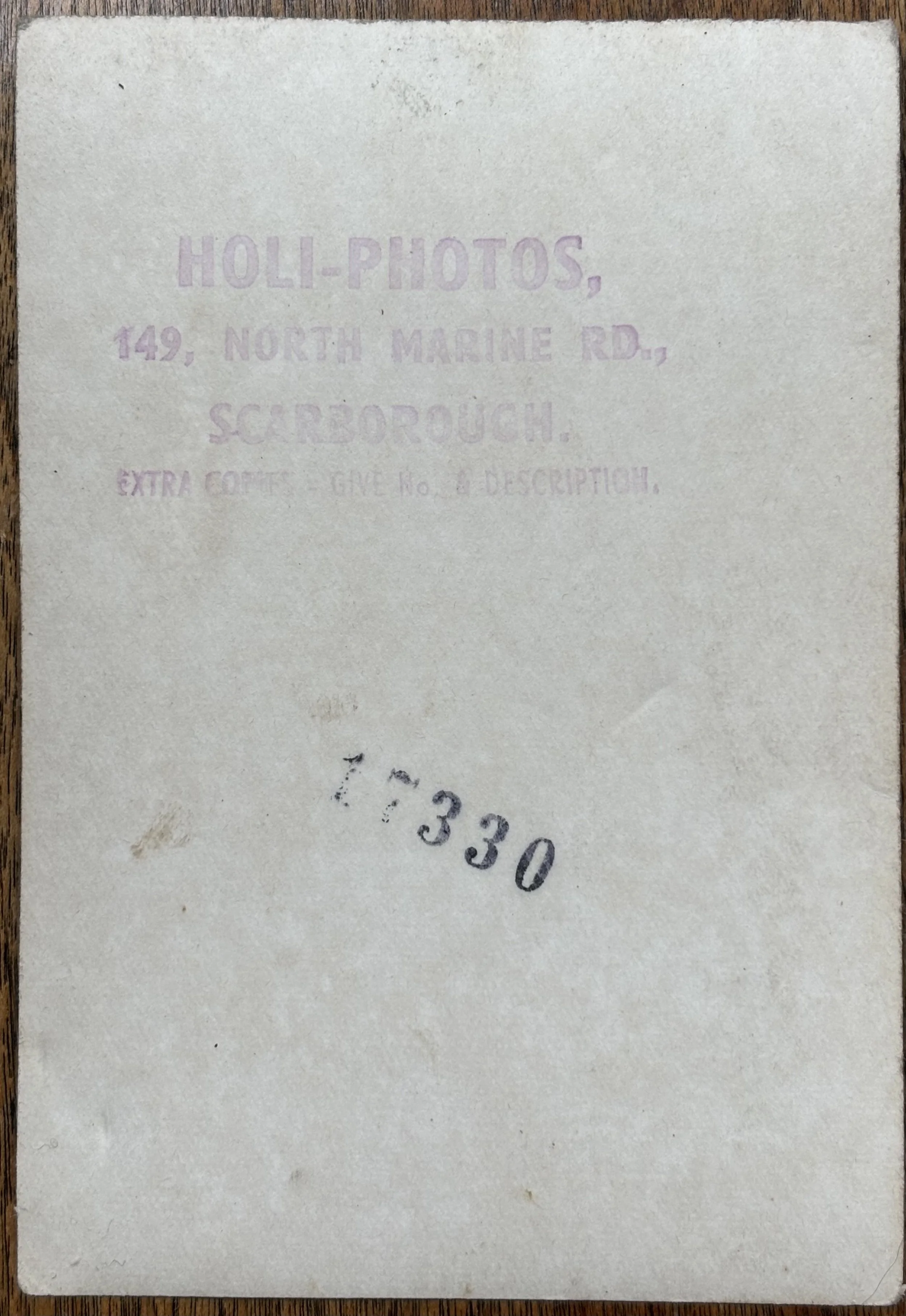 Back of photographic print by Holi-Photos, Scarborough Photographers