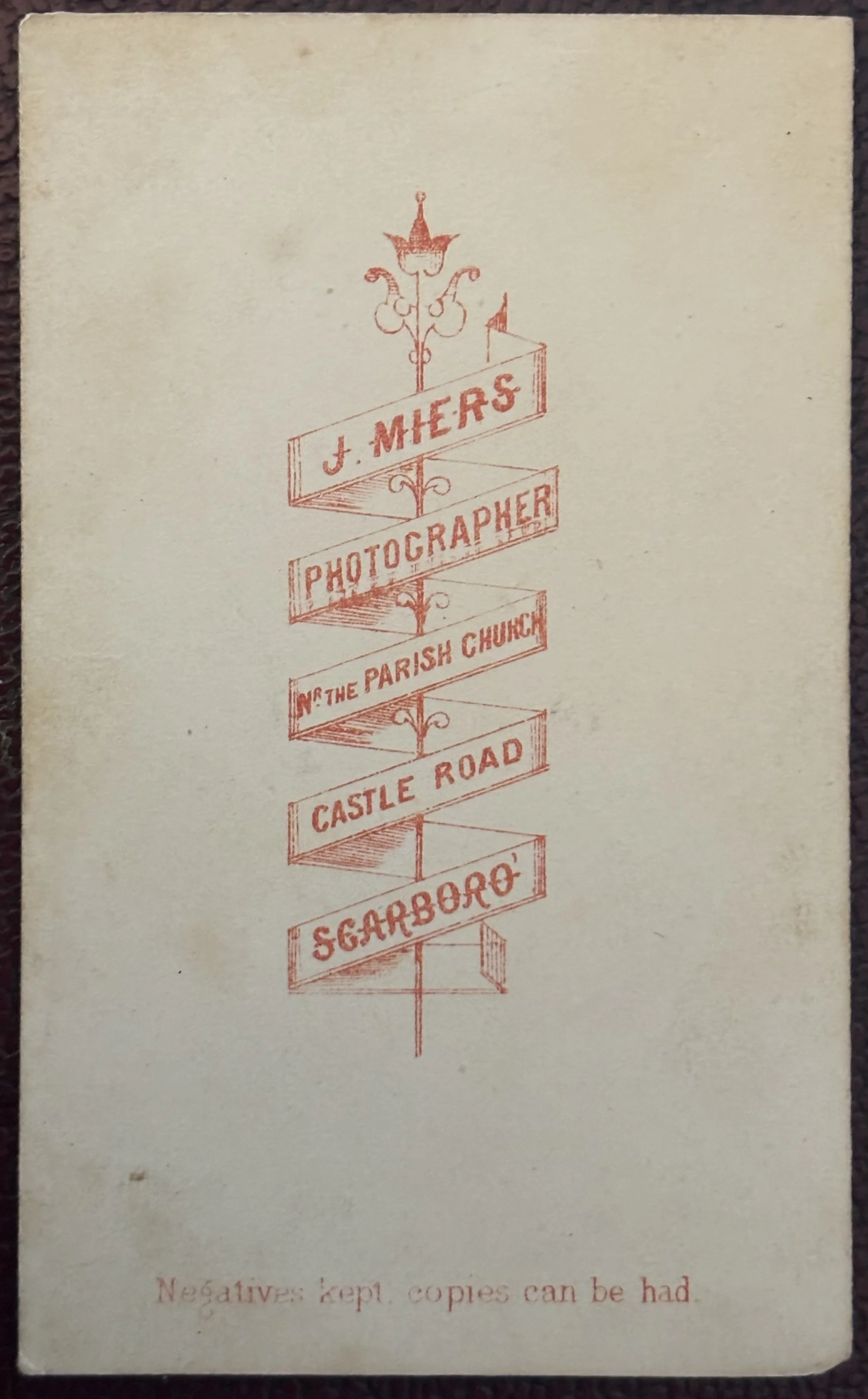 Back of carte de visite photograph by John Miers of Scarborough