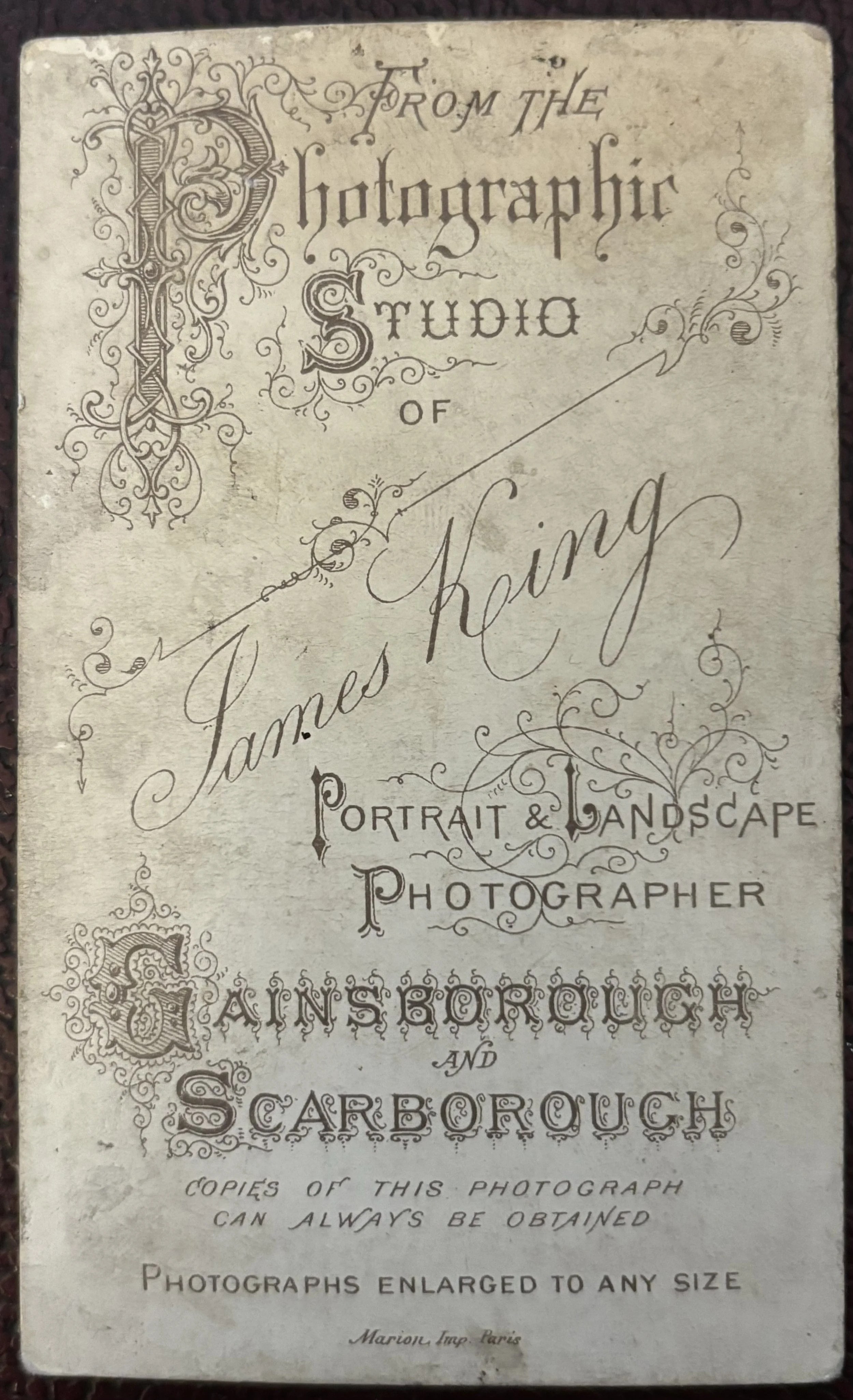 Back of Carte de Visite for Photographer James king of Scarborough and Gainsborough