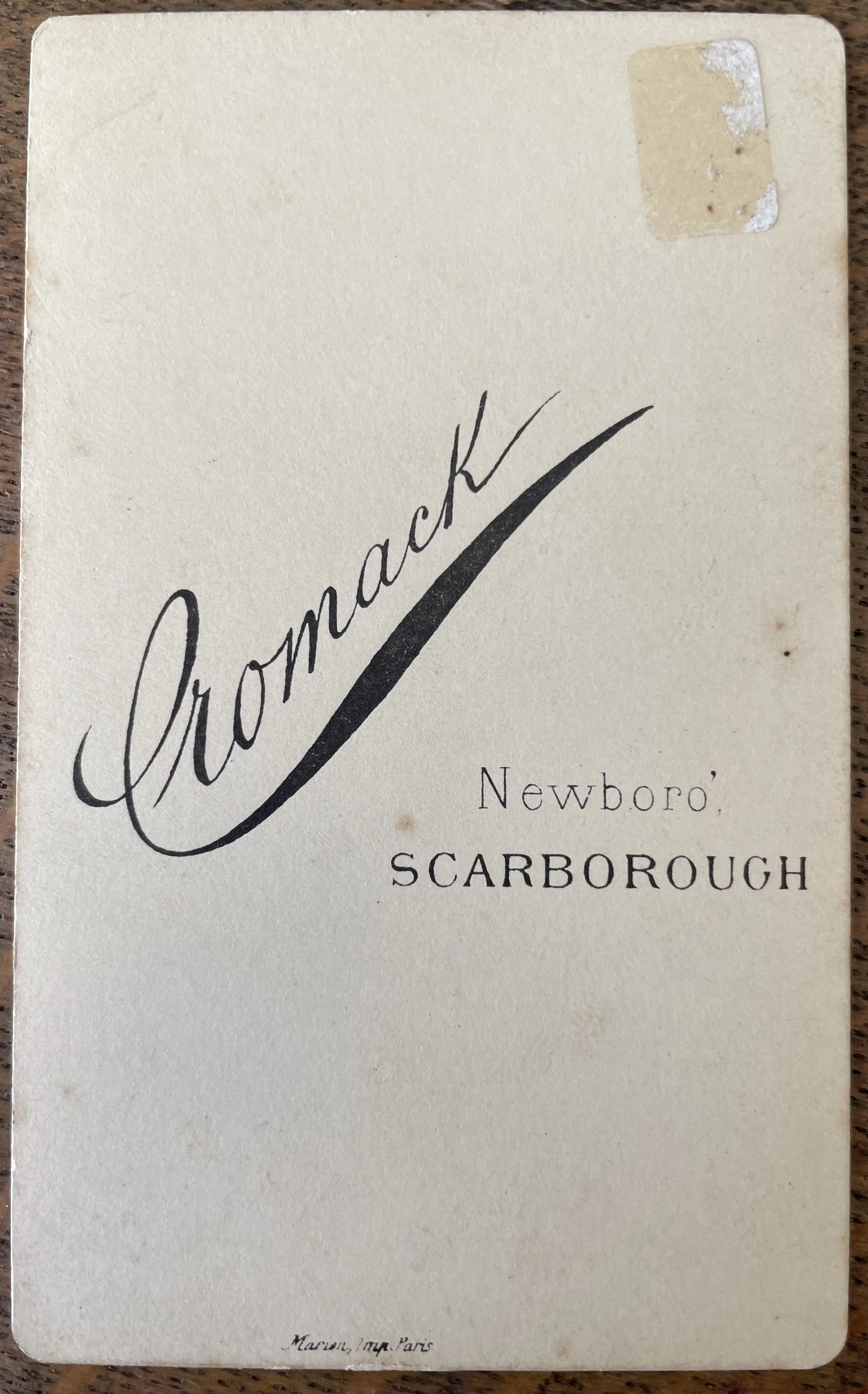 Back of Carte de Visite photograph by Cromack of Scarborough Yorkshire