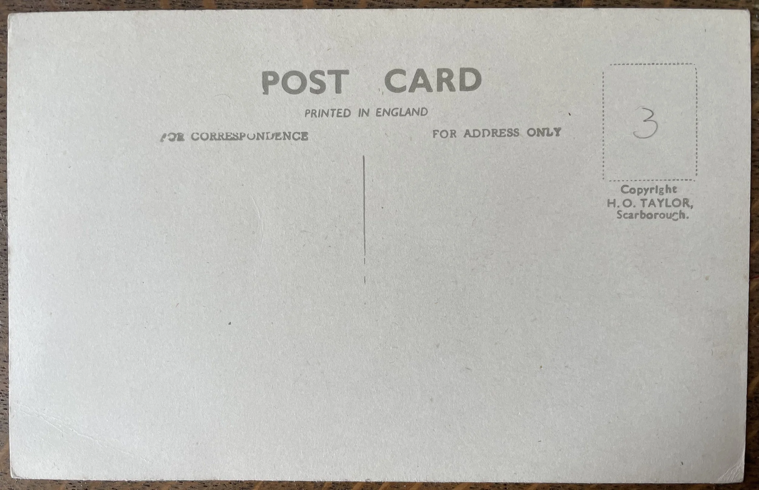 Back of unused postcard by photographer, H. O. Taylor of Scarborough