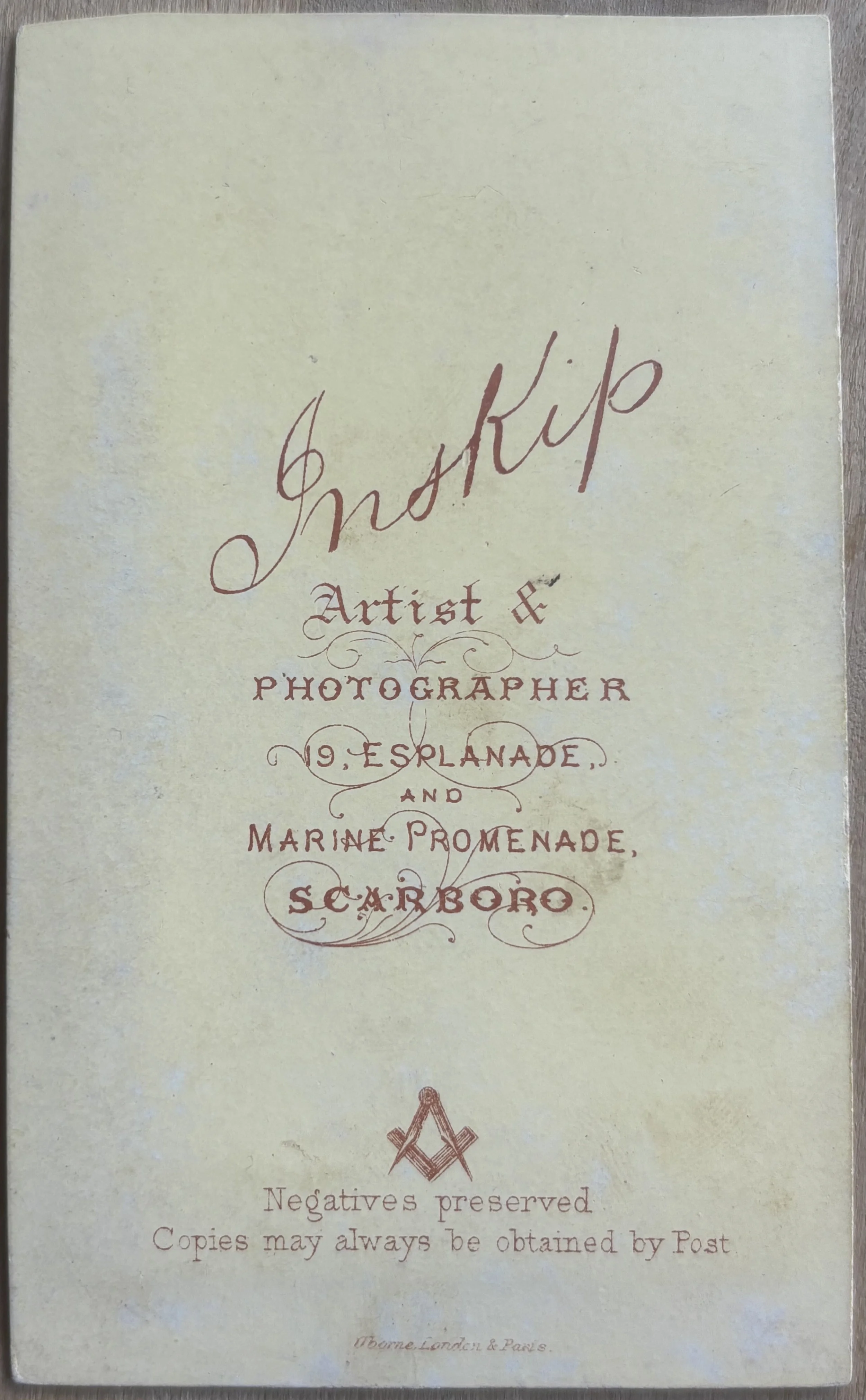 Back of Carte de Visite portrait by John Inskip, Scarborough Photographer