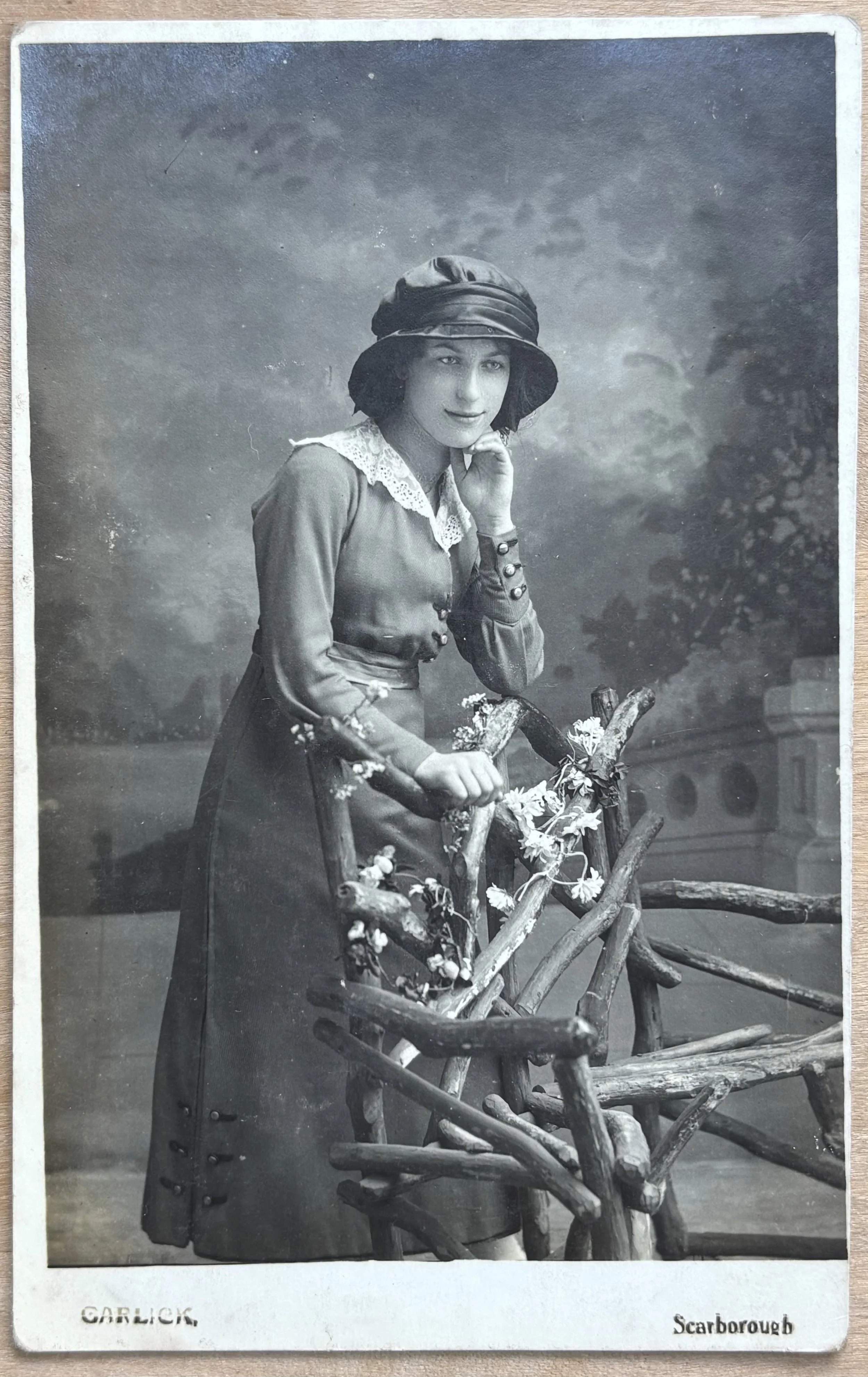 Portrait of a woman with a rustic chair by Walter Garlick, Scarborough photographer