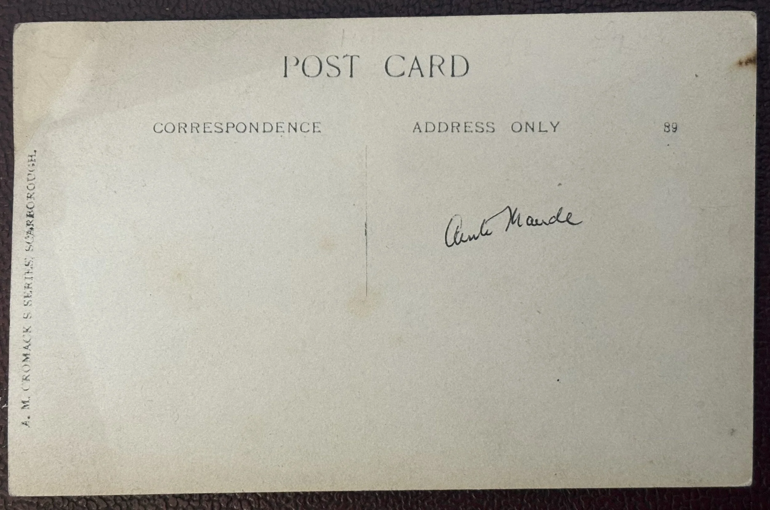 Back of a postcard portrait by Cromack of Scarborough, aunt Maude