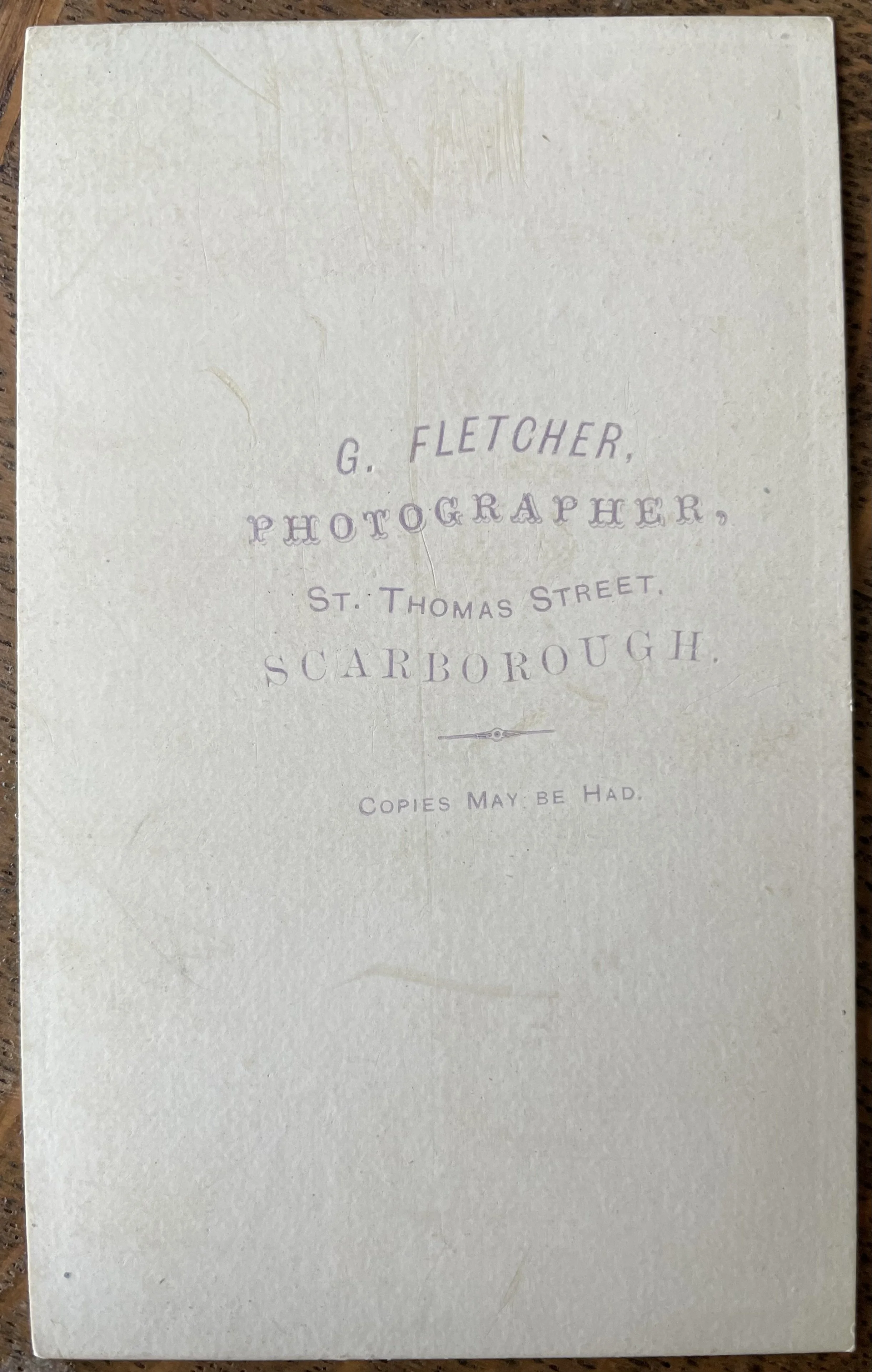 Back of Carte de Visite by George Fletcher of Scarborough