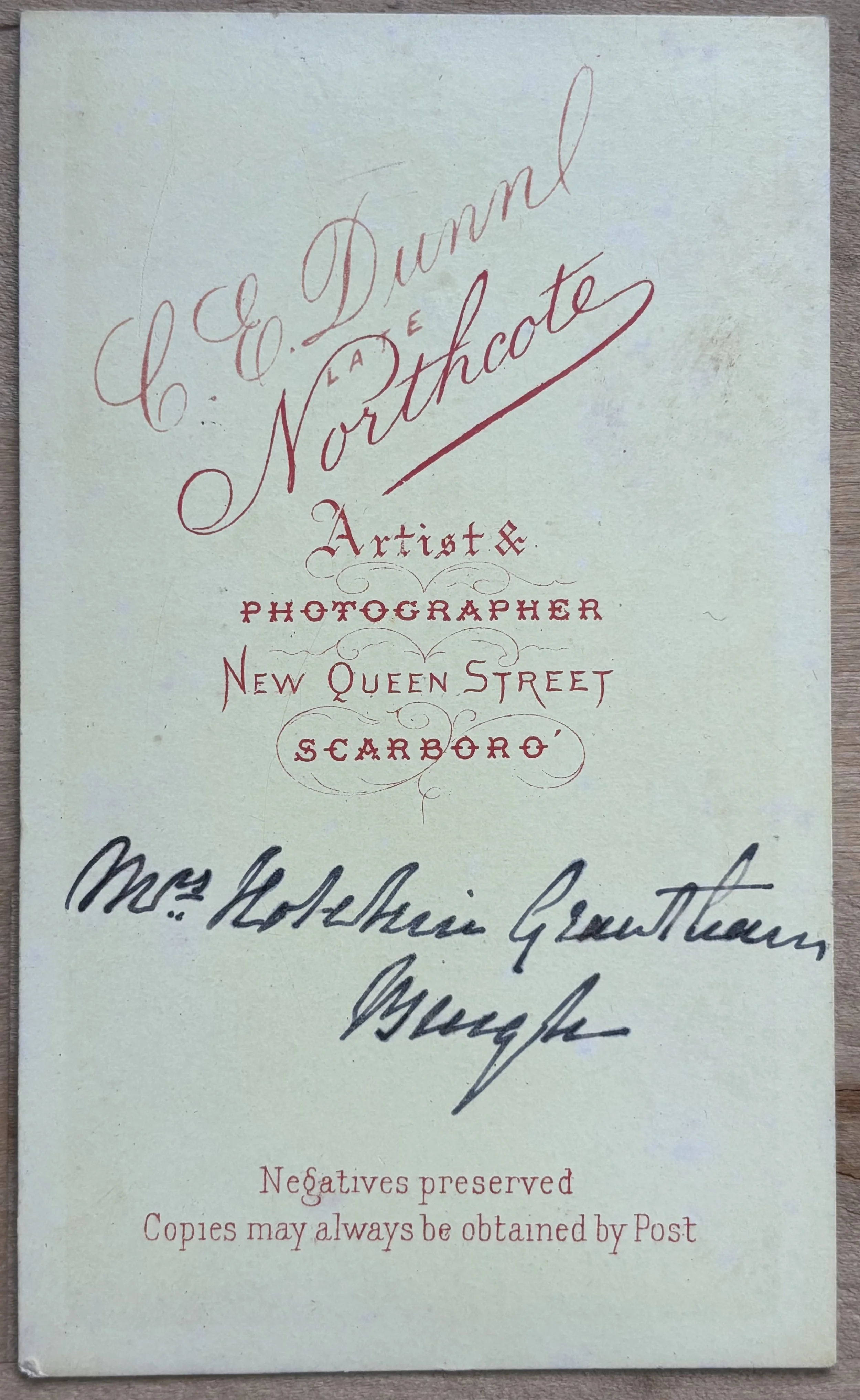 Back of CDV portrait of Mrs Burgh by Charles Edward Dunn, late Northcote, Scarborough Photographer