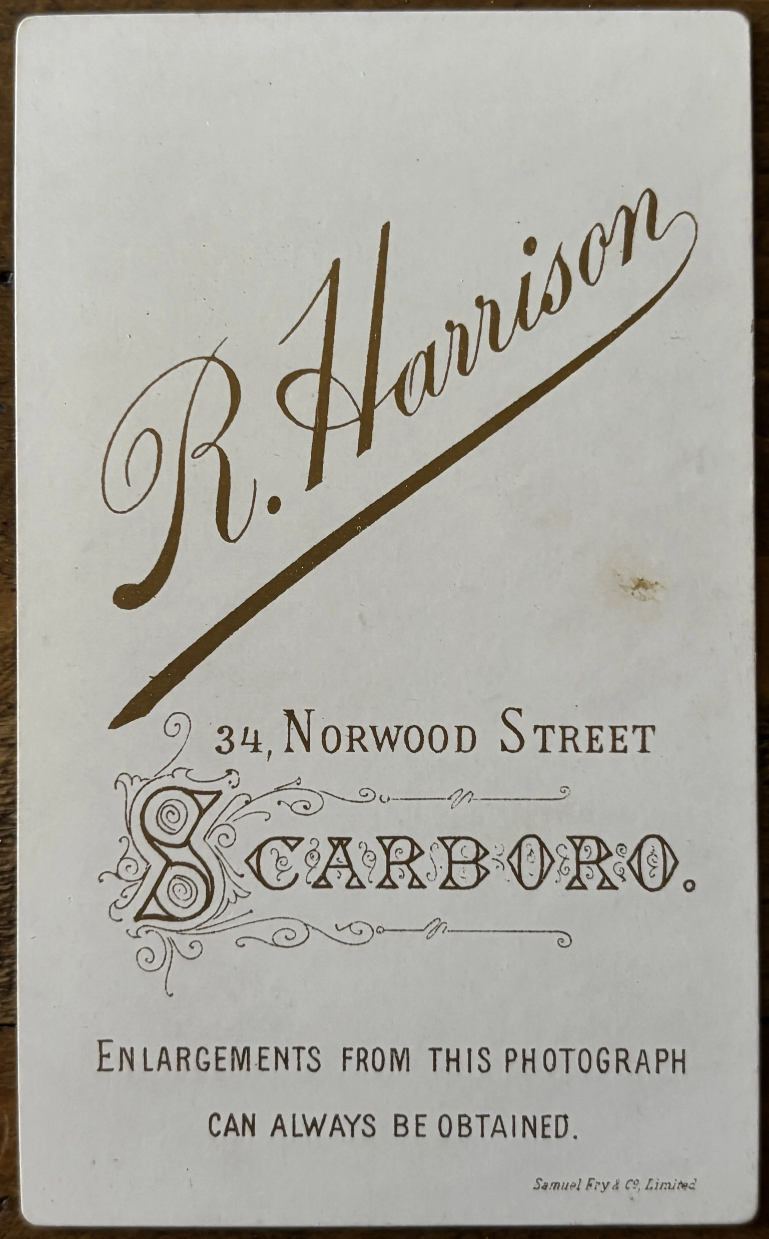 Back of a Carte de Visite portrait by Robert Harrison Scarborough Photographer, Scarboro