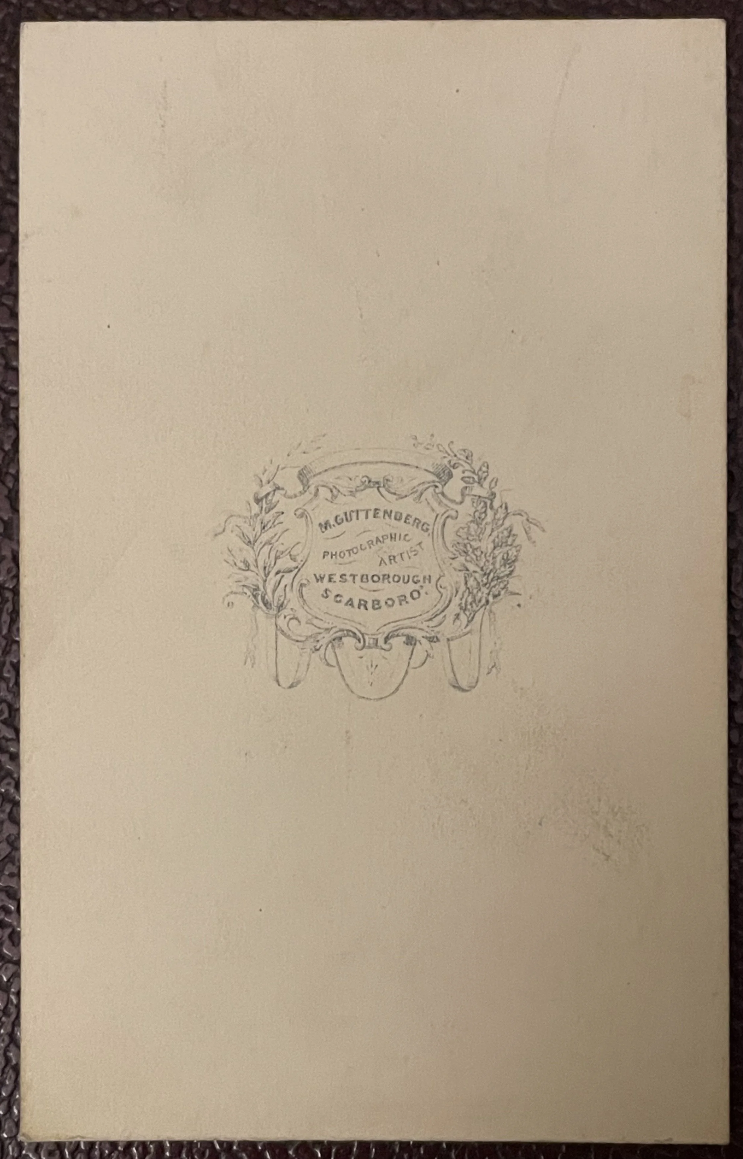 Back of carte de visite by Marcus Guttenberg, photographic artist of Scarborough