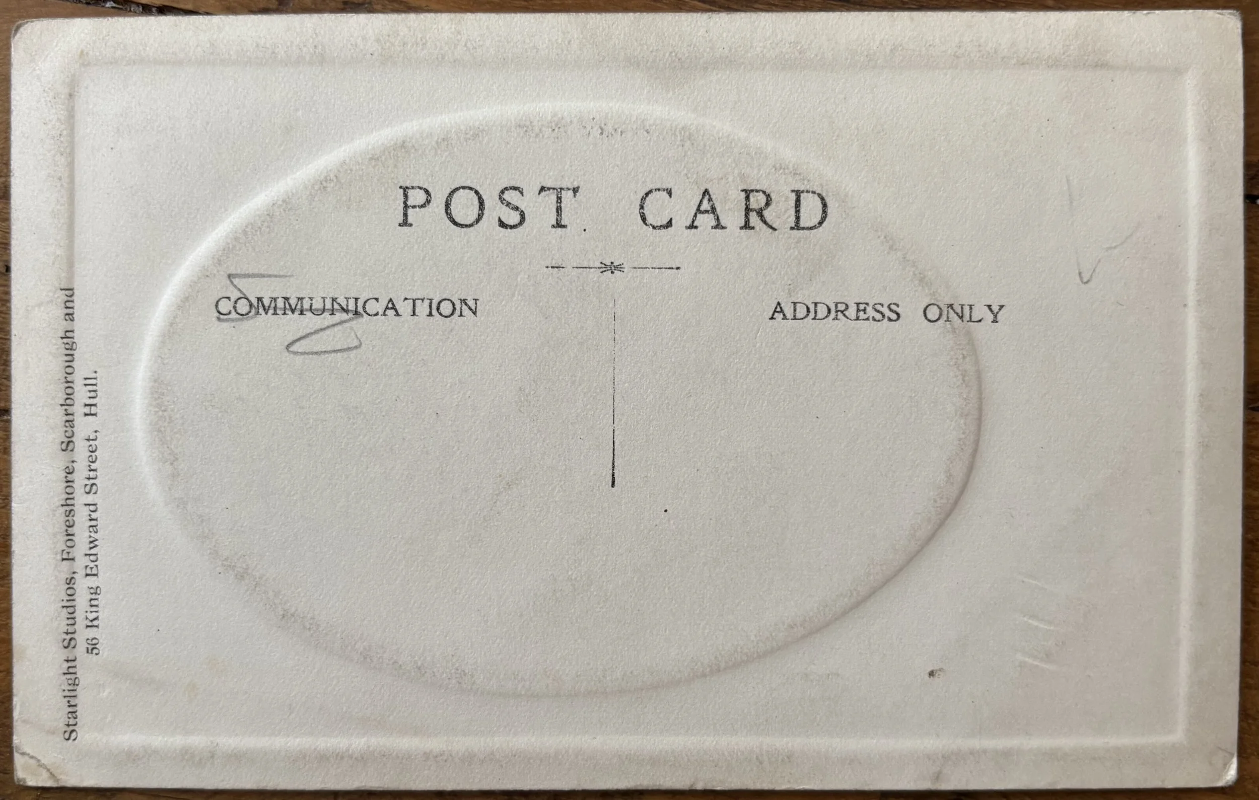 back of postcard portrait by Starlight Studios of Scarborough and Hull