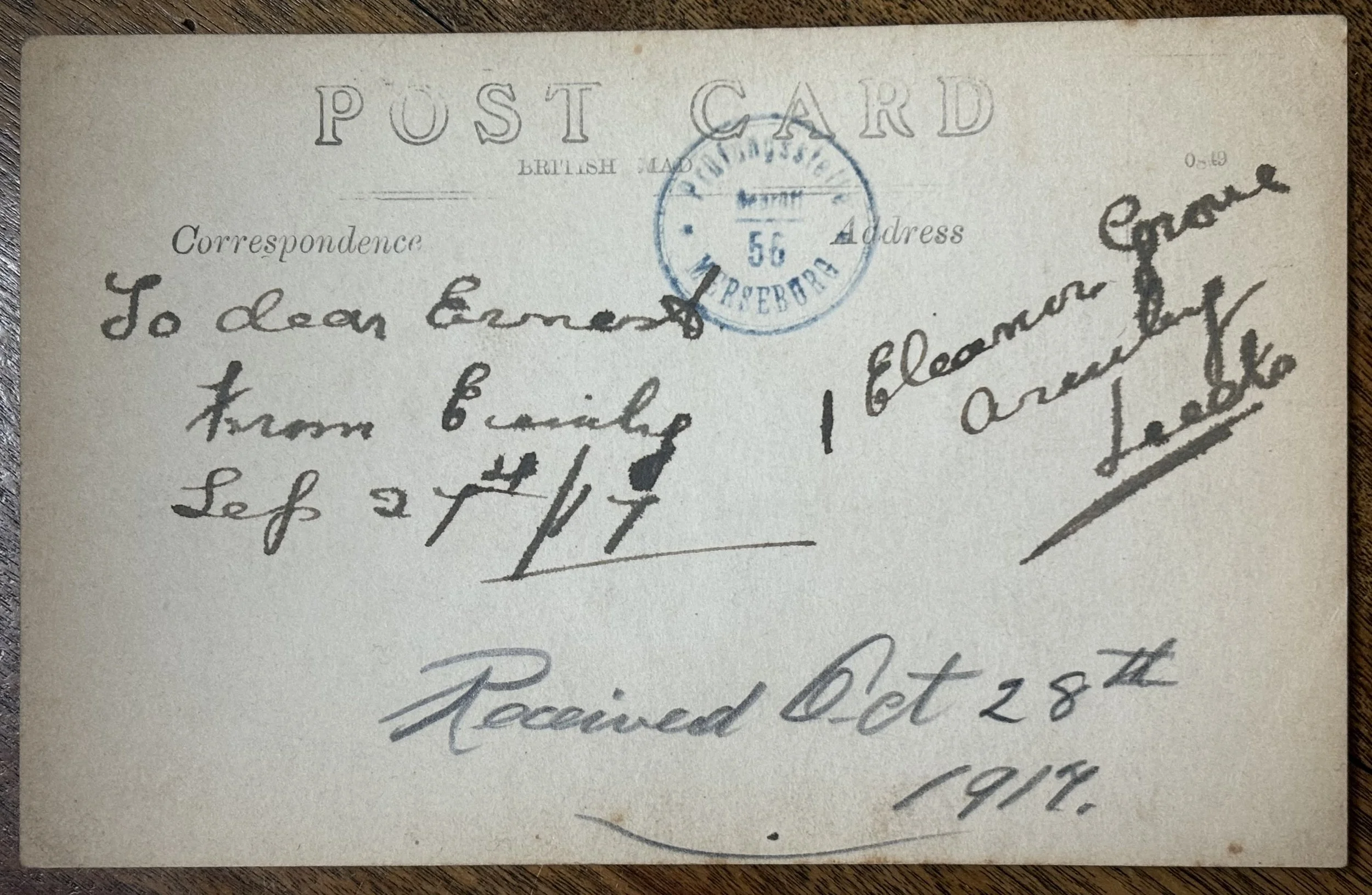 back of photographic portrait of three children by Walter Garlick of Scarborough, posted to Merserburg World War I German prisoner of war camp