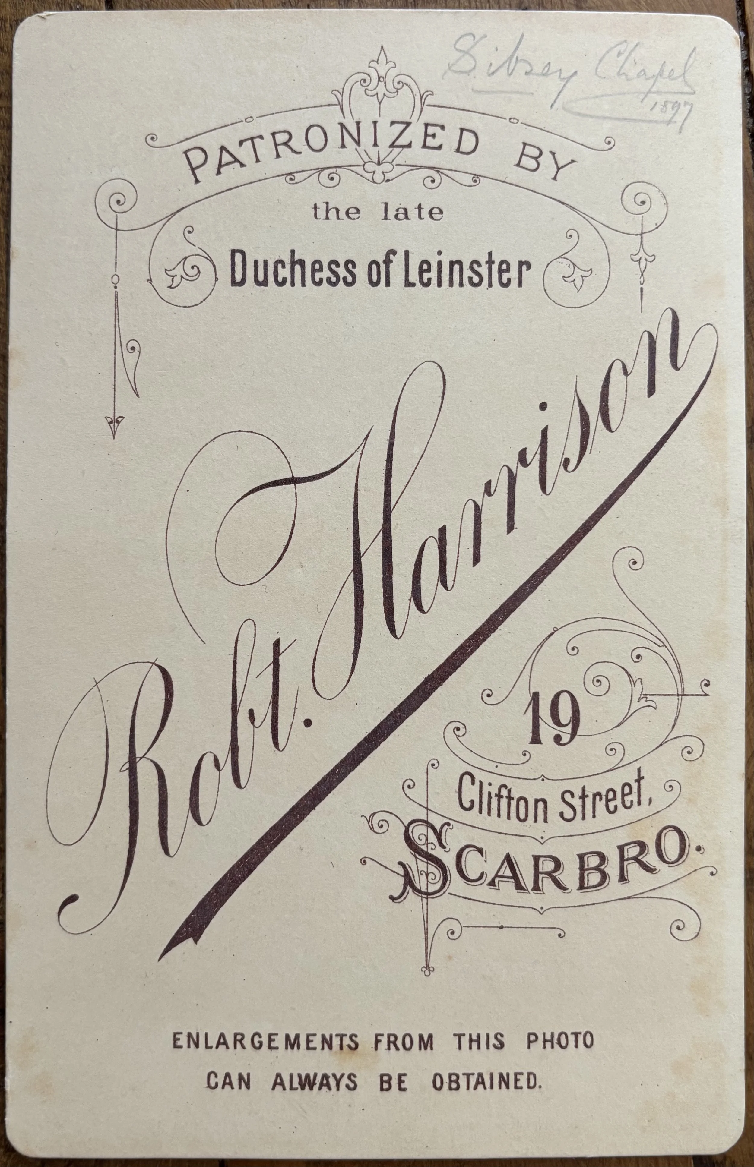Back of cabinet card by Robert Harrison, Scarborough Photographer