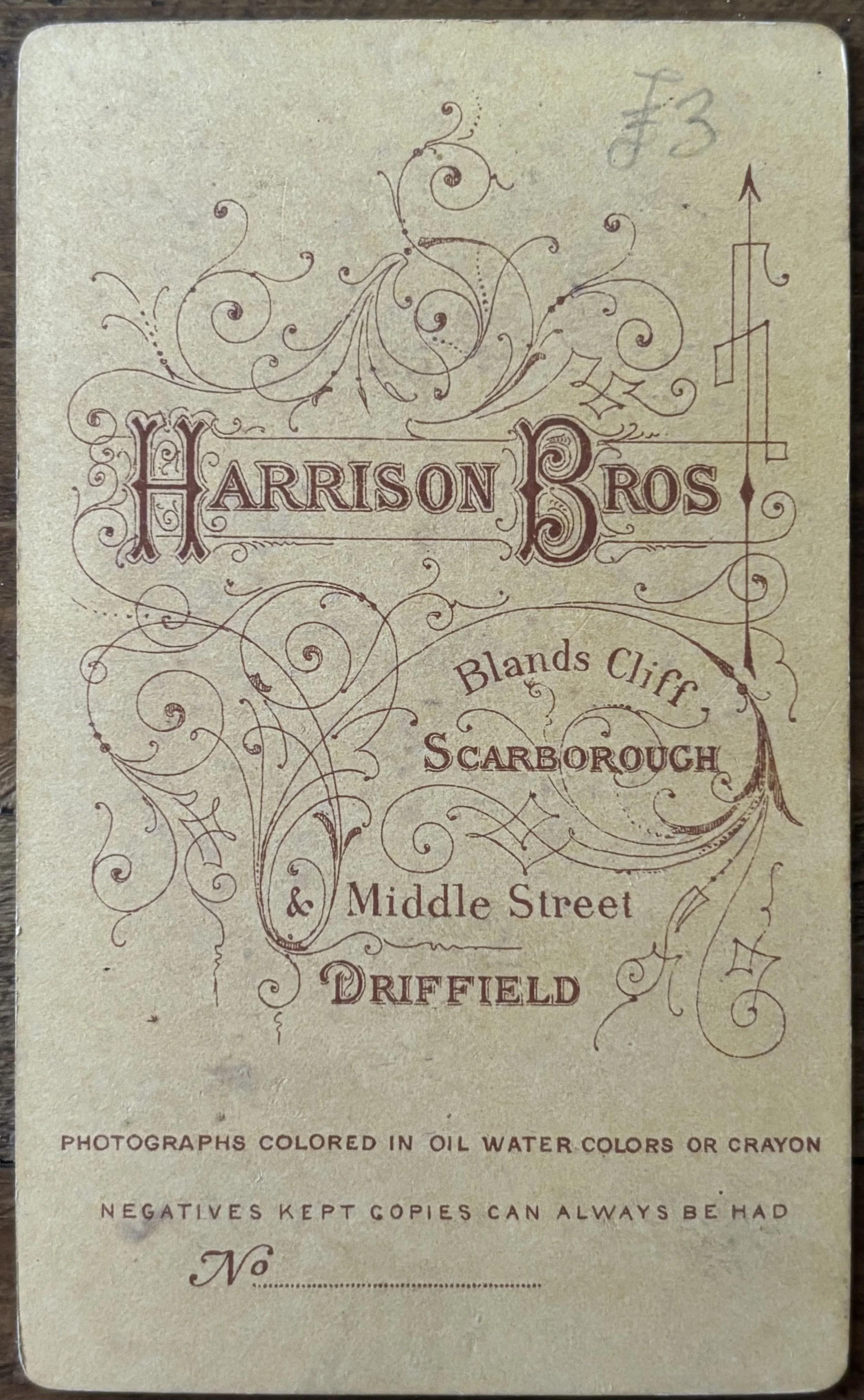 Back of a carte de visite by the Harrison Bros, Brothers, Scarborough and Driffield photographers