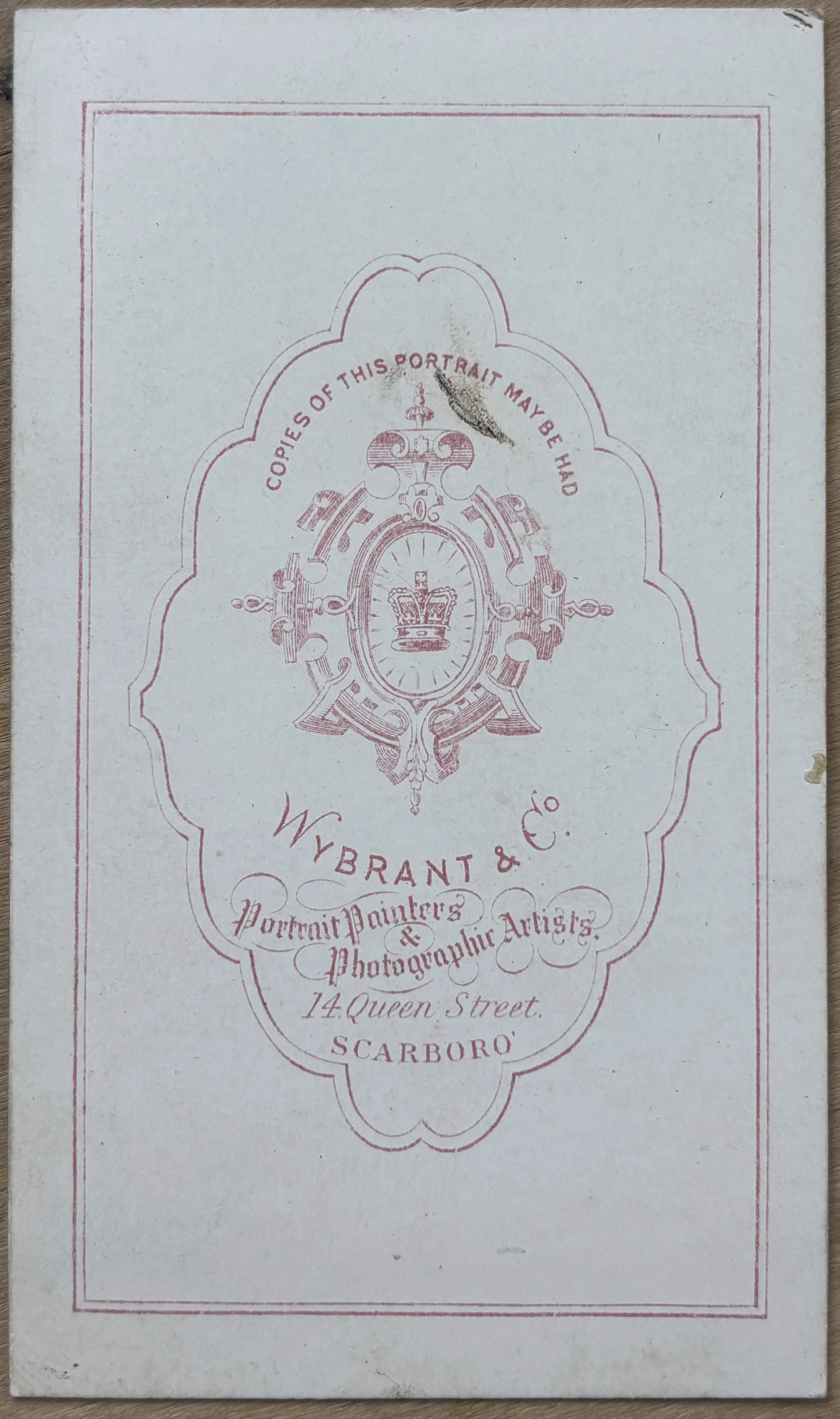 Back of a carte de viste by Scarborough Photographer Patrick Wybrant