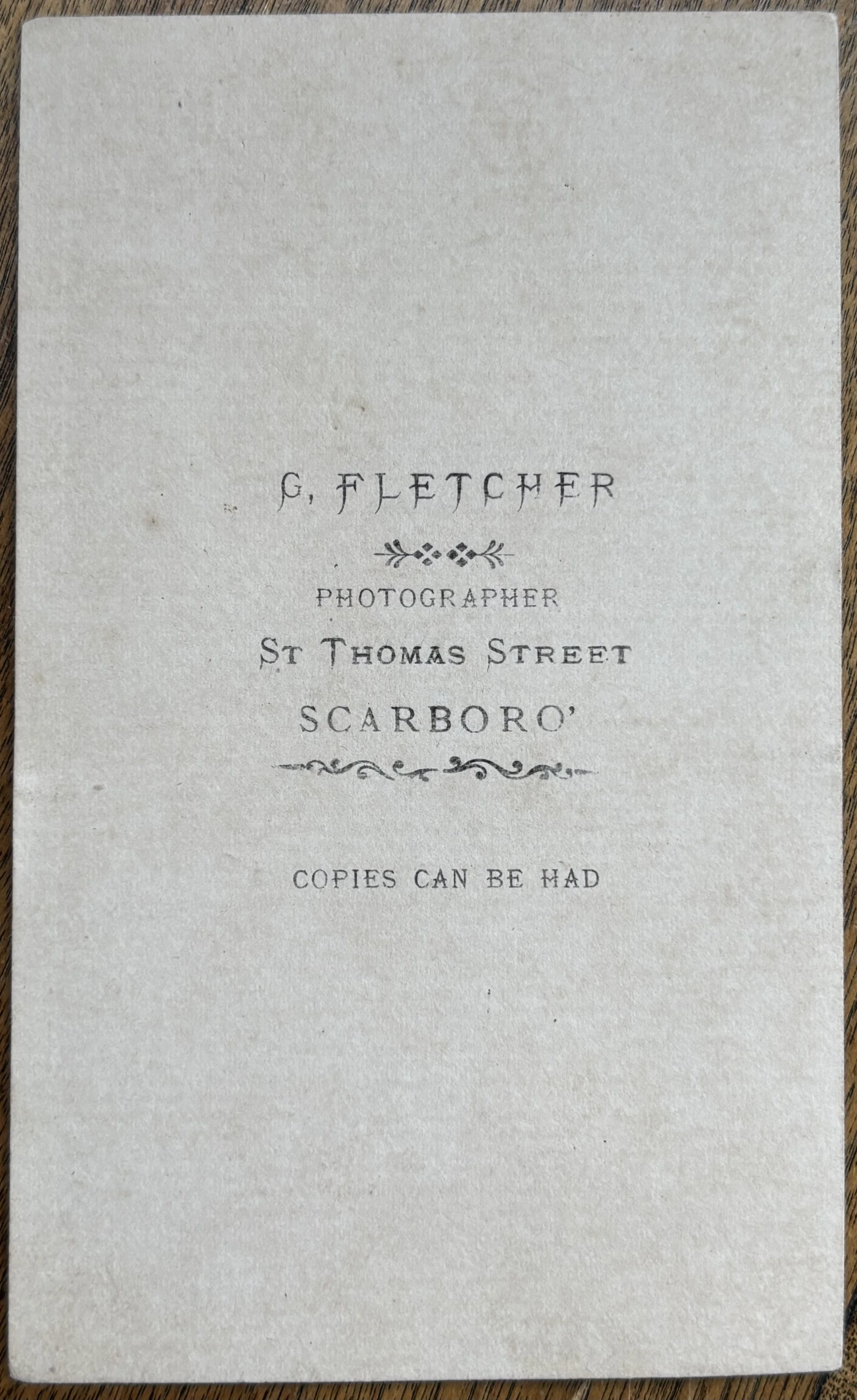 Back of carte de visite portrait by George Fletcher, Scarborough Photographer