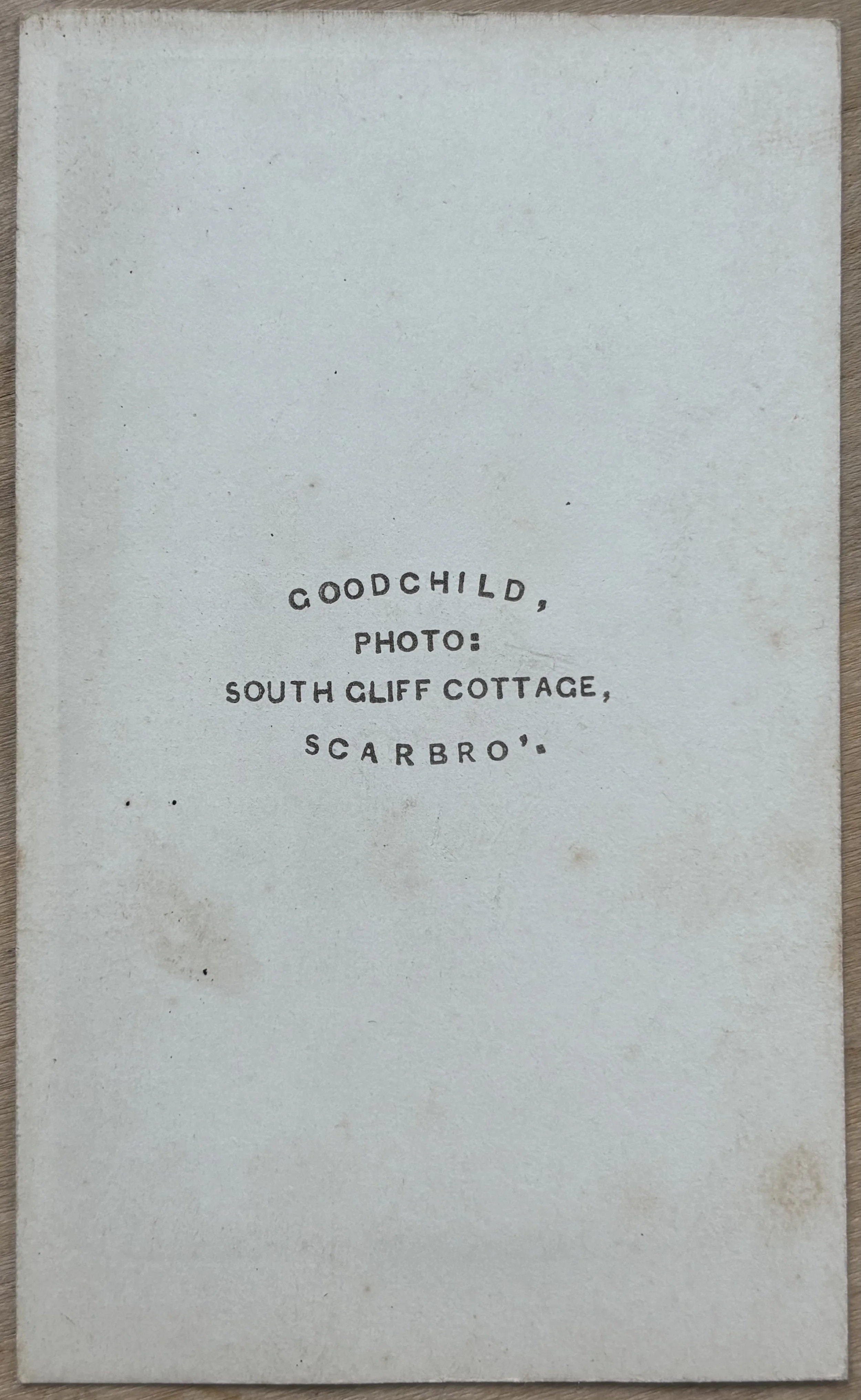 Back of a carte de visite by James Goodchild, Scarborough photographer
