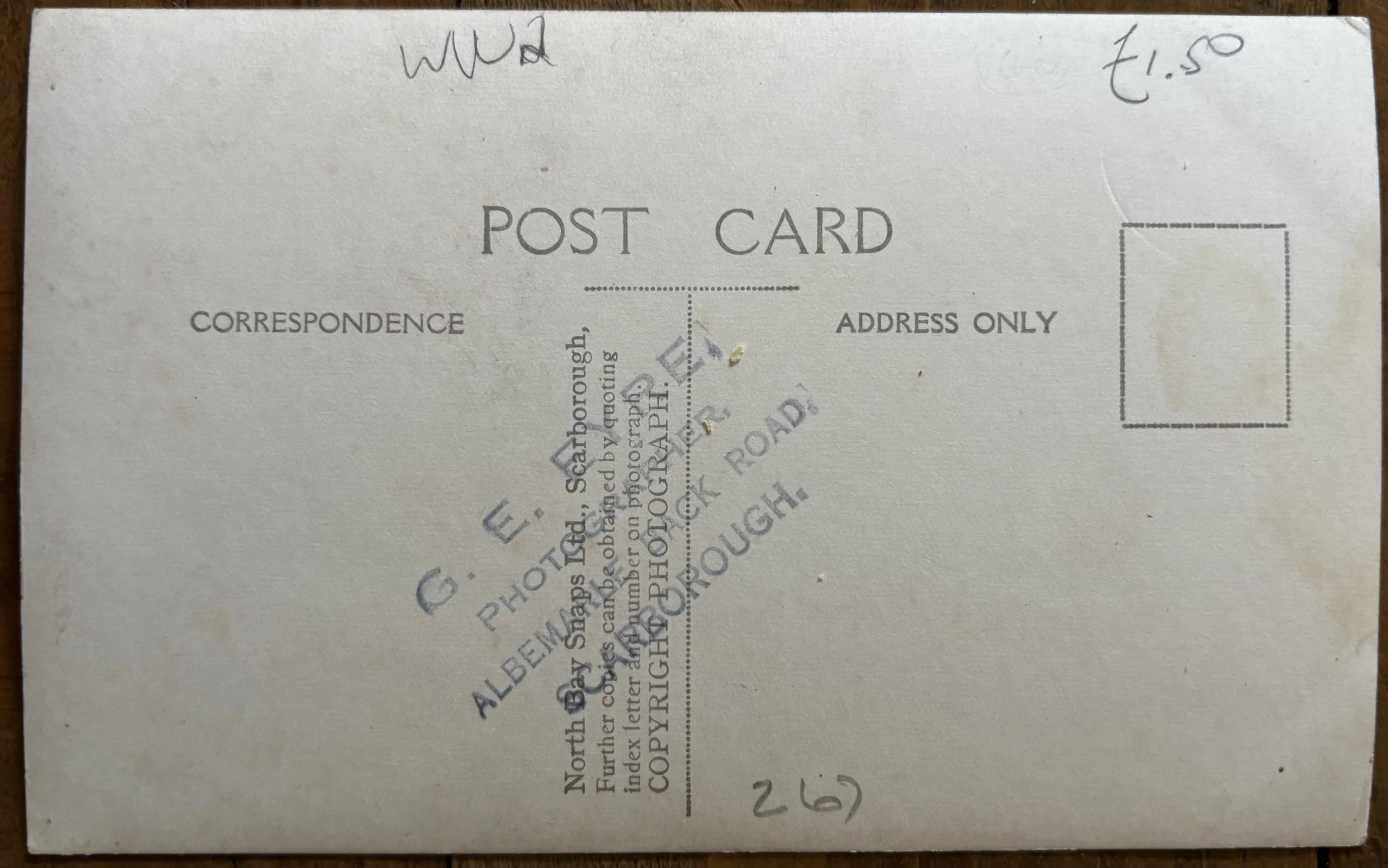 Back of photographic portrait postcard by Scarborough photographer G. E. Eyre, reprinted on North Bay Snaps card